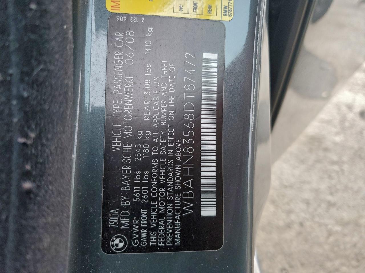 2008 Bmw 750 Li Gray vin: WBAHN83568DT87472