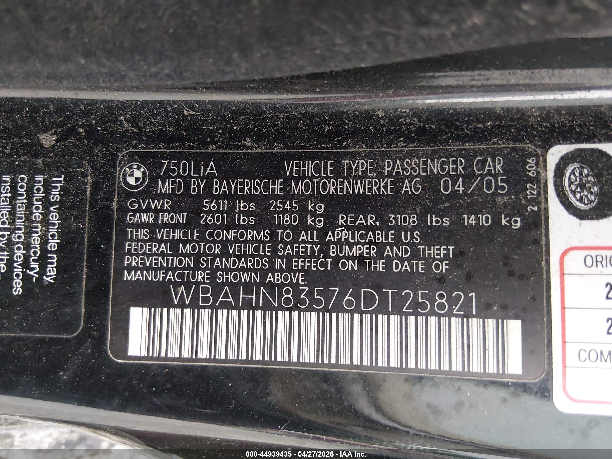 2006 Bmw 750li   Black vin: WBAHN83576DT25821