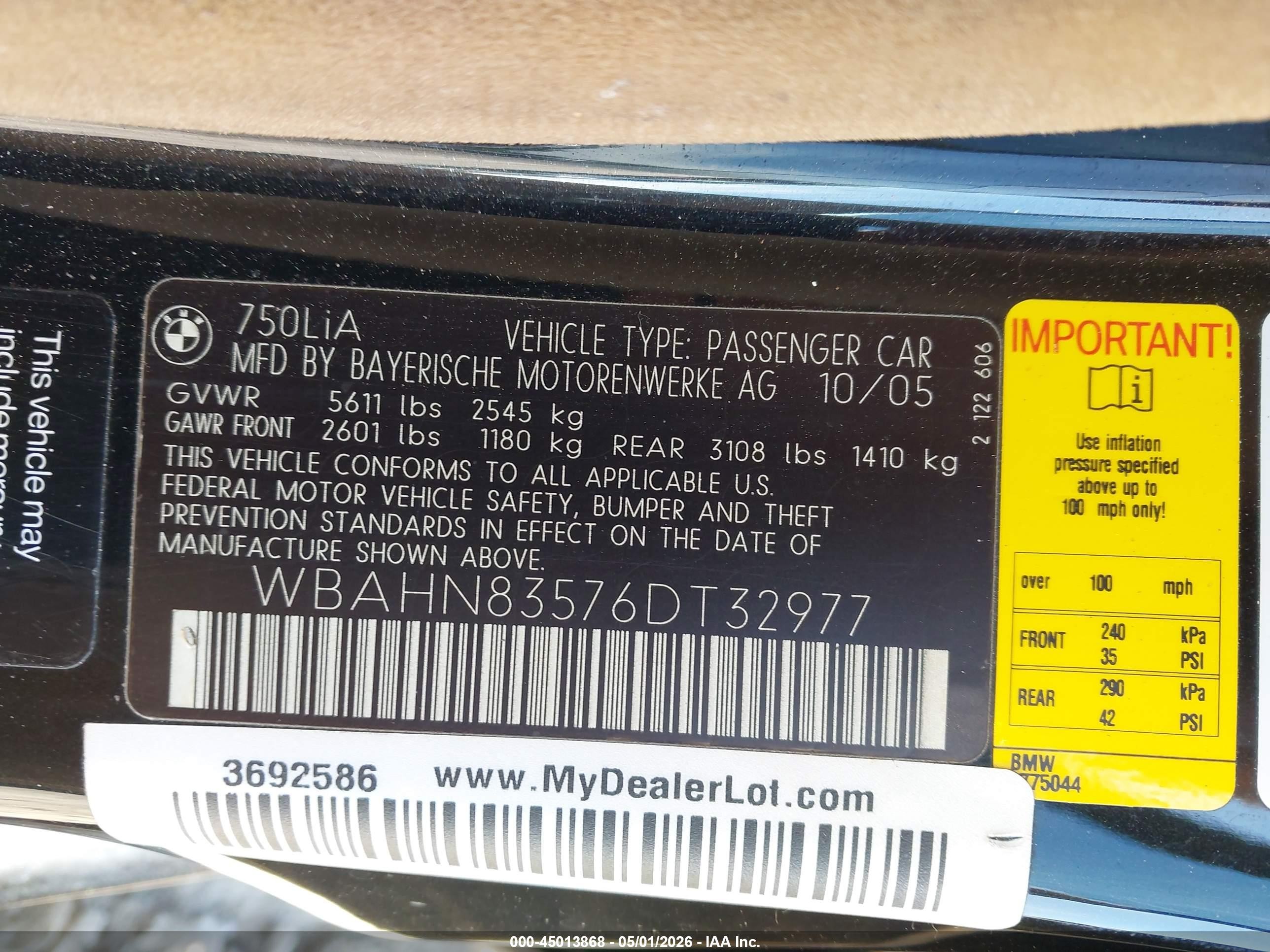 2006 Bmw 750li   Черный vin: WBAHN83576DT32977