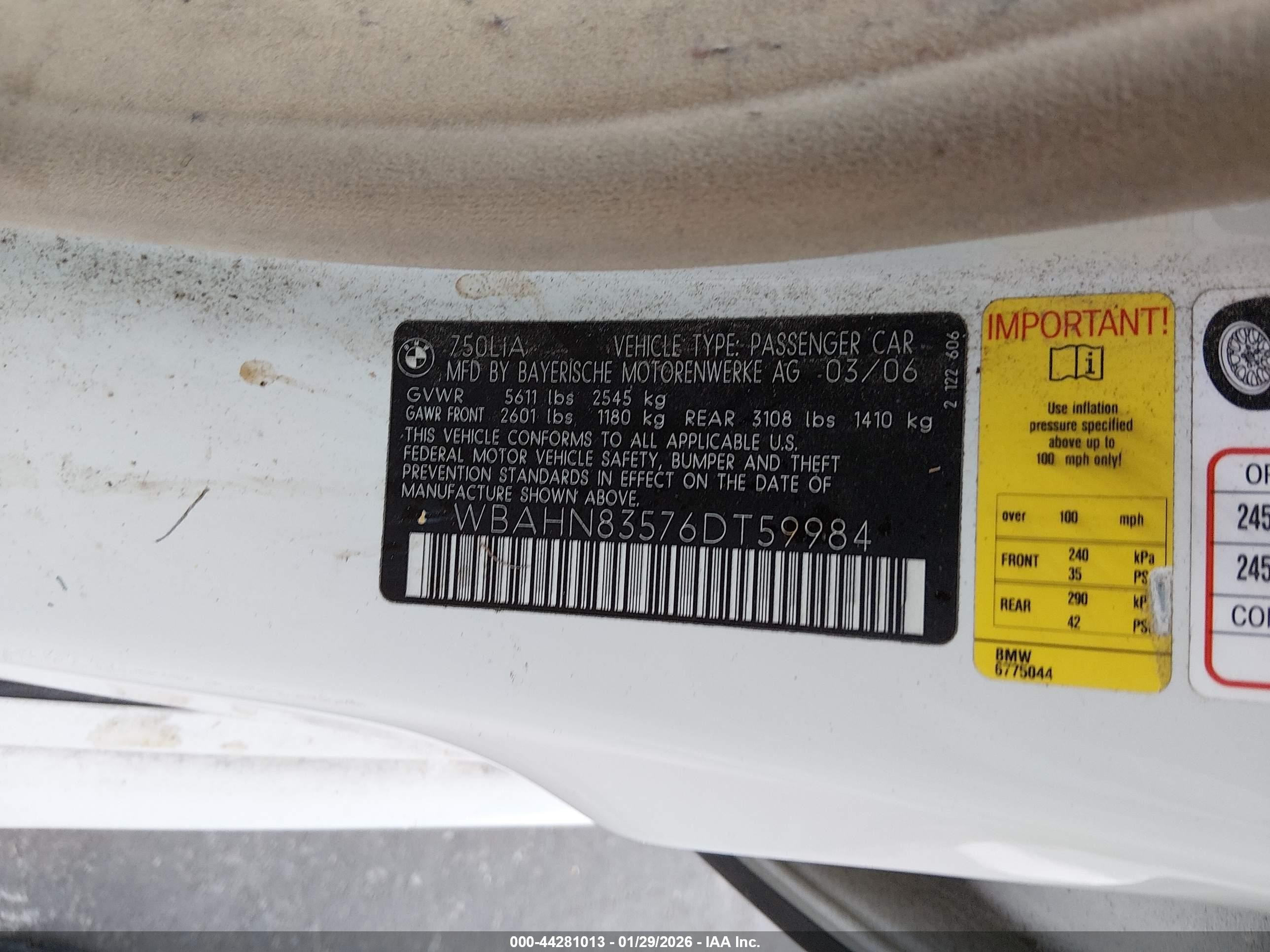 2006 Bmw 750li   White vin: WBAHN83576DT59984