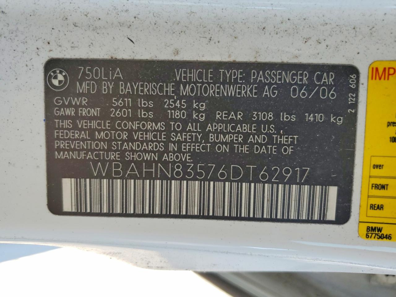 2006 Bmw 7 Series 740il White vin: WBAHN83576DT62917