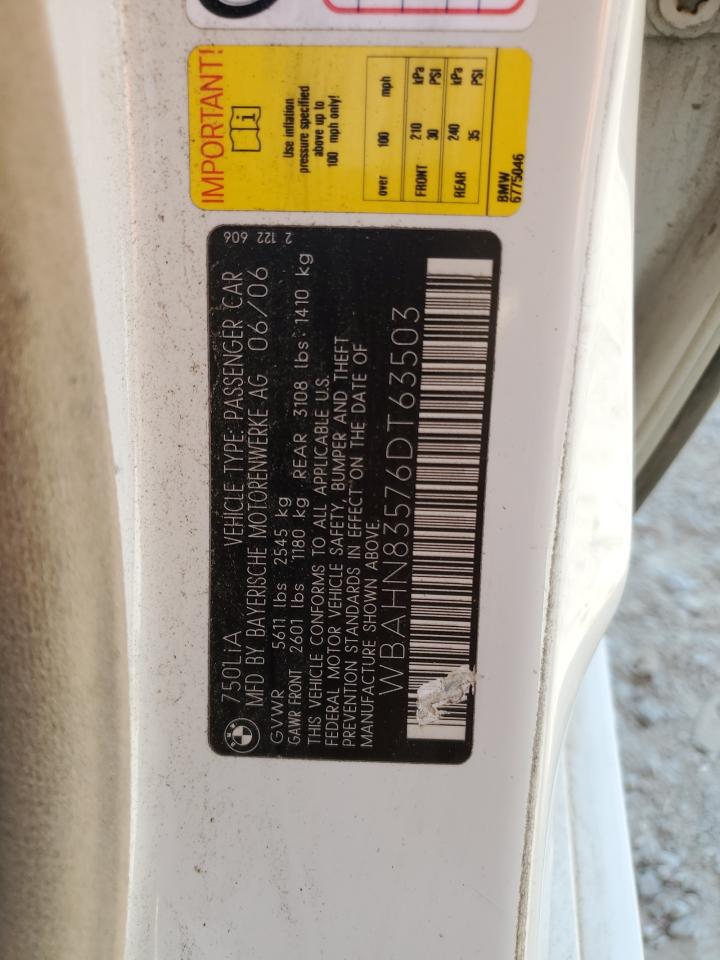 2006 Bmw 750 Li White vin: WBAHN83576DT63503