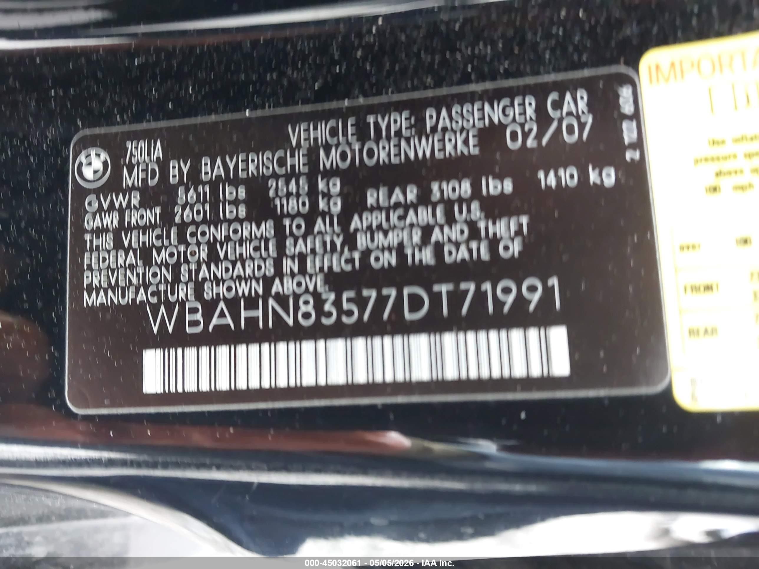 2007 Bmw 750li   Black vin: WBAHN83577DT71991