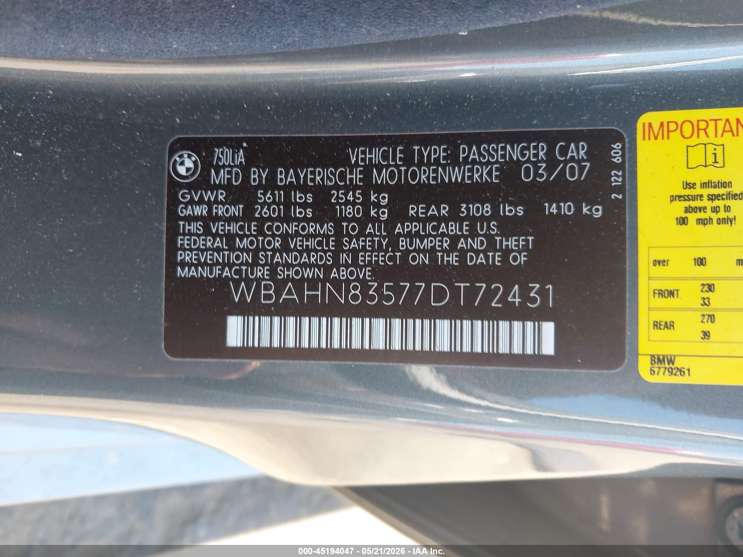 2007 Bmw 750li   Black vin: WBAHN83577DT72431