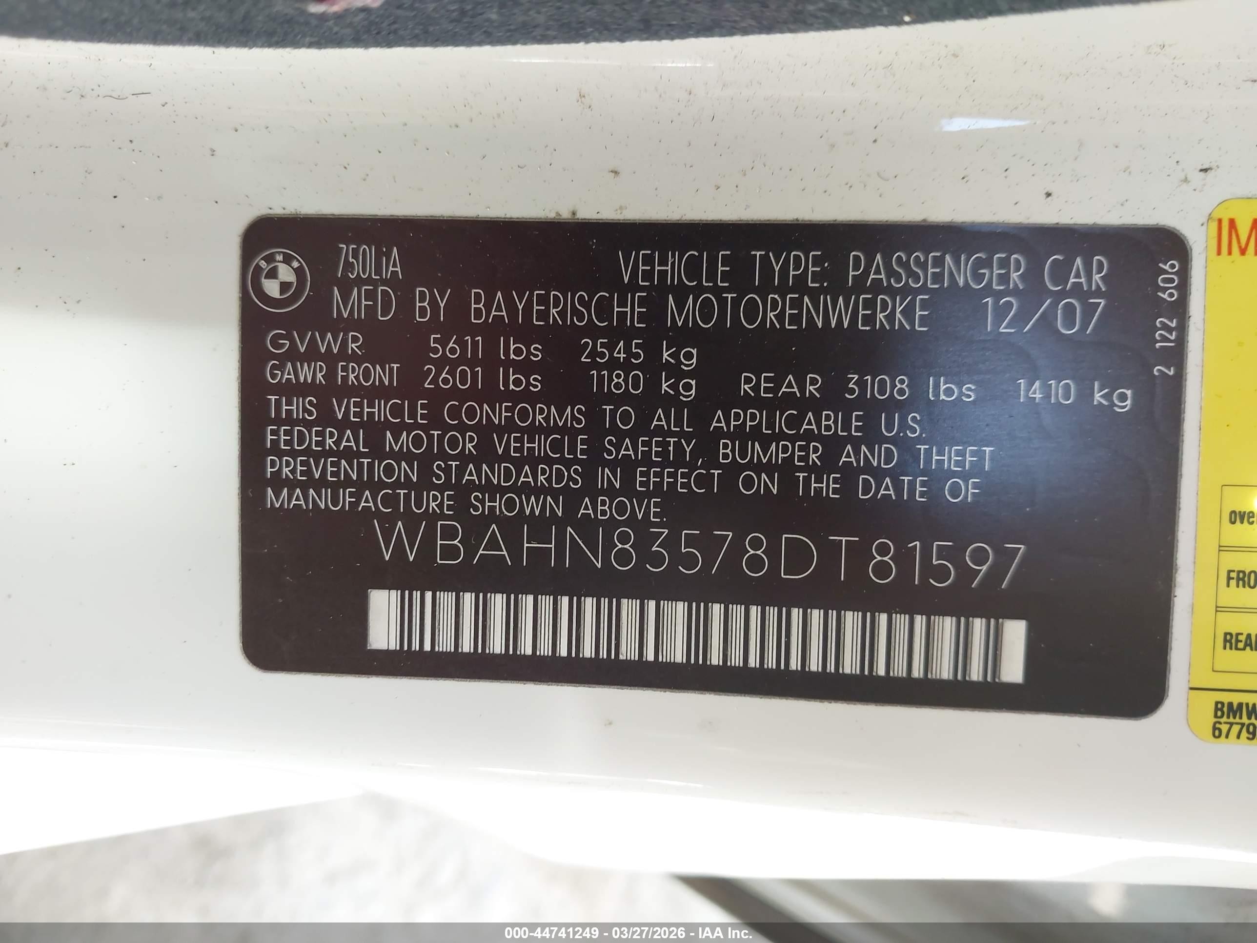 2008 Bmw 750li   White vin: WBAHN83578DT81597