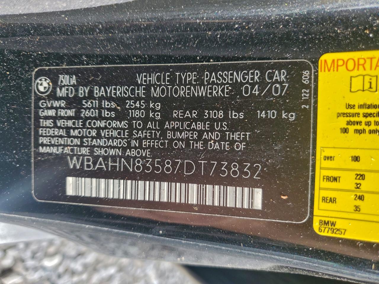 2007 Bmw 750 Черный vin: WBAHN83587DT73832