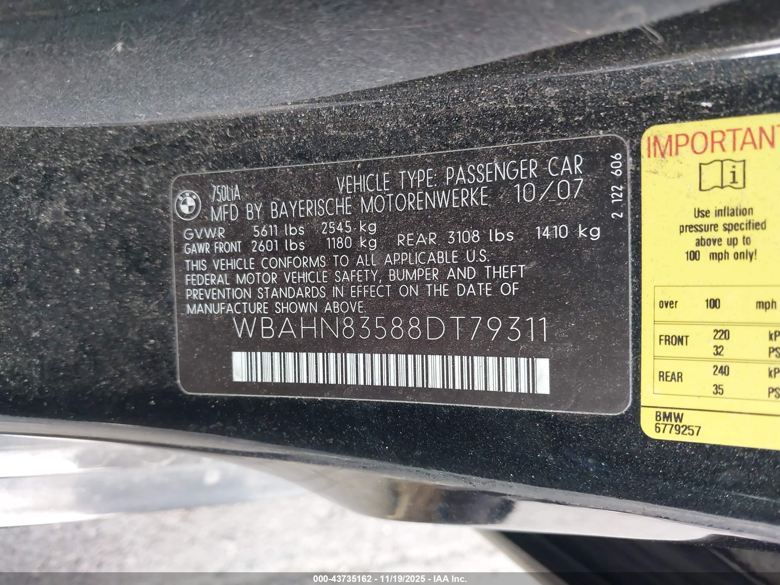 2008 Bmw 750li   Black vin: WBAHN83588DT79311