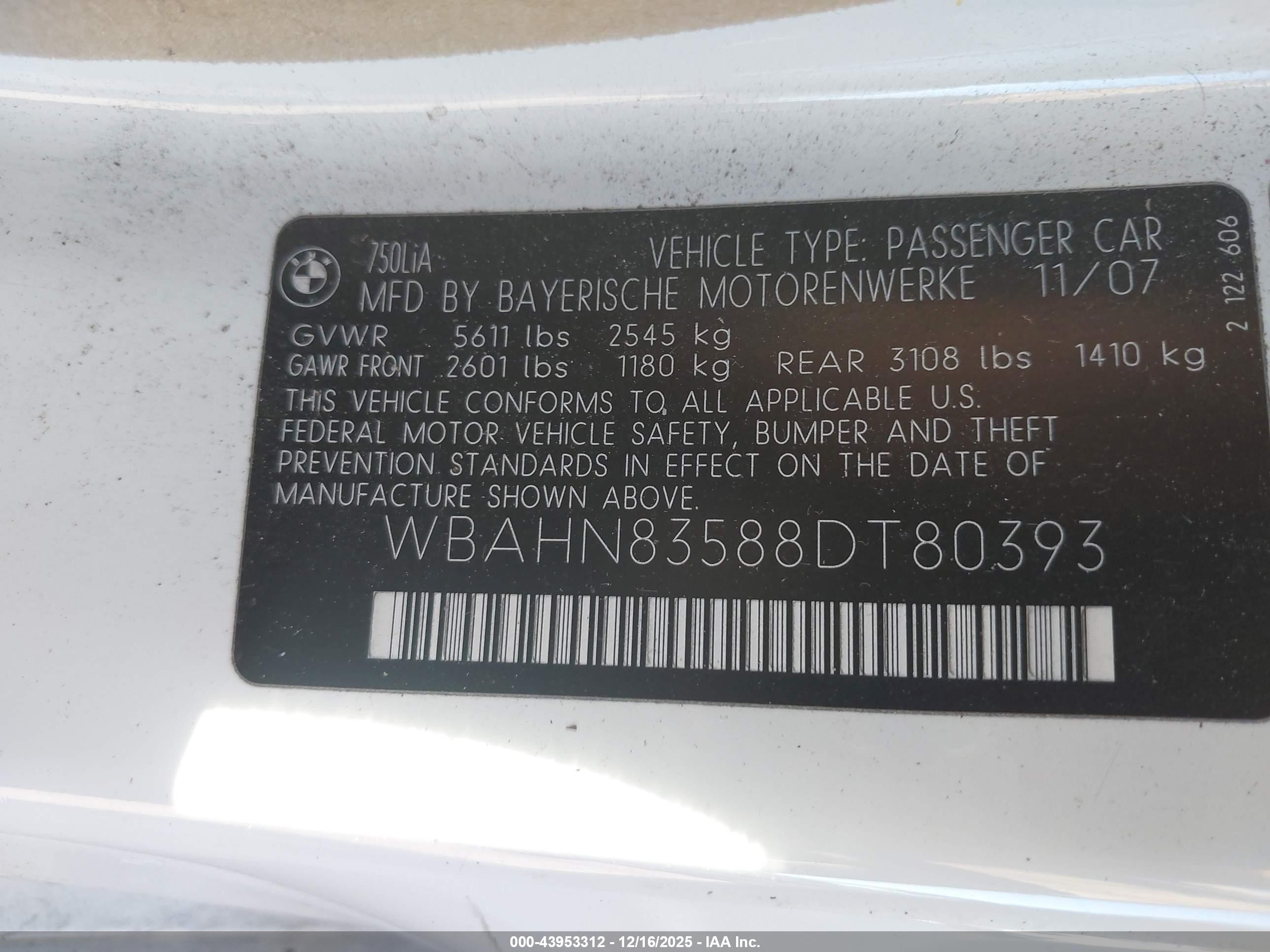 2008 Bmw 750li   White vin: WBAHN83588DT80393