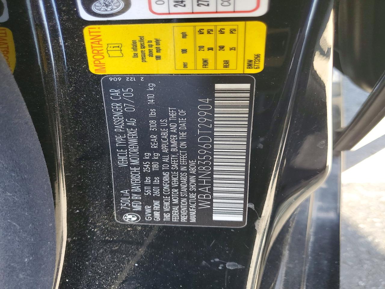 2006 Bmw 750 Li Black vin: WBAHN83596DT29904