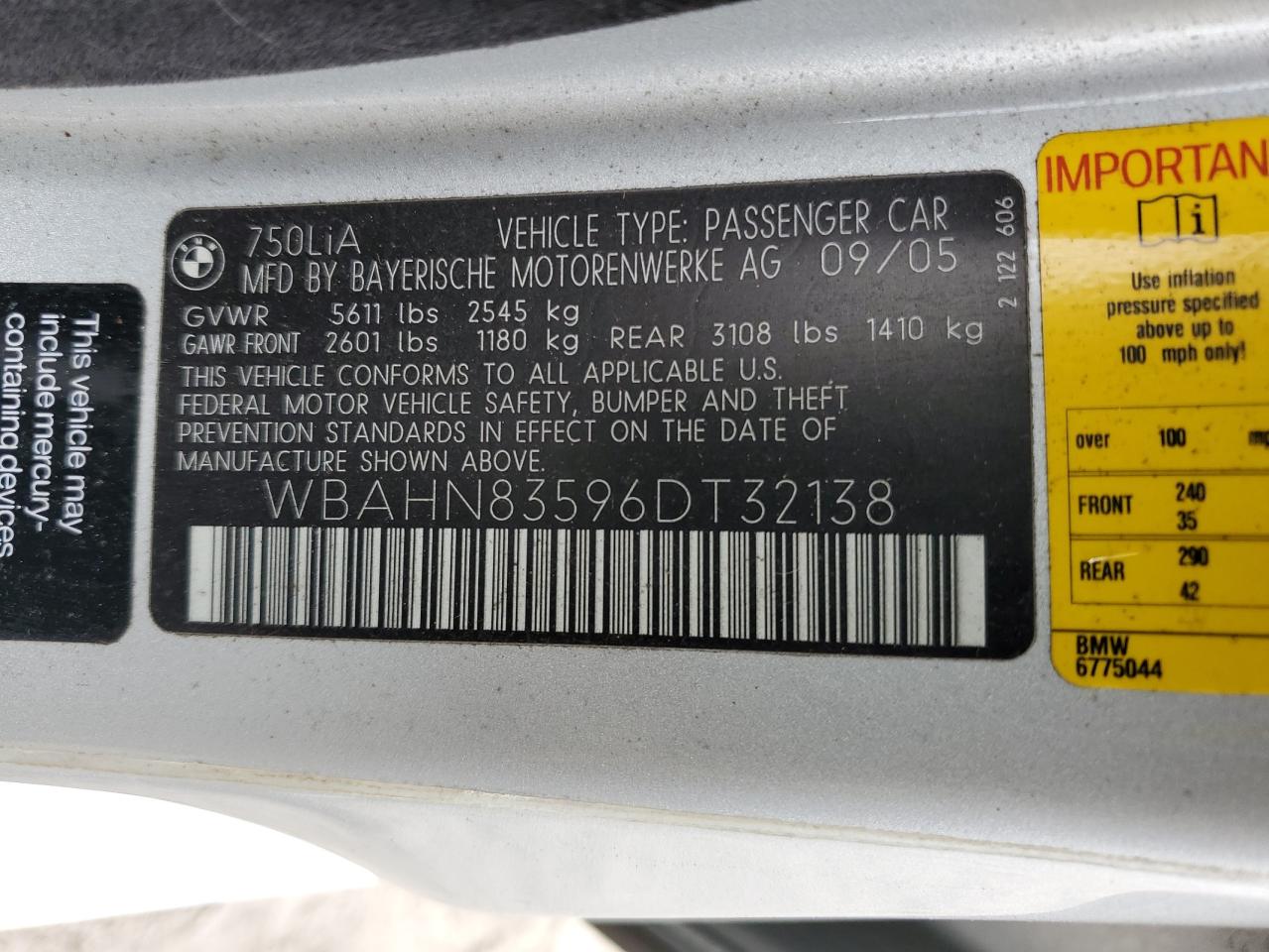 2006 Bmw 750 Li Серебряный vin: WBAHN83596DT32138