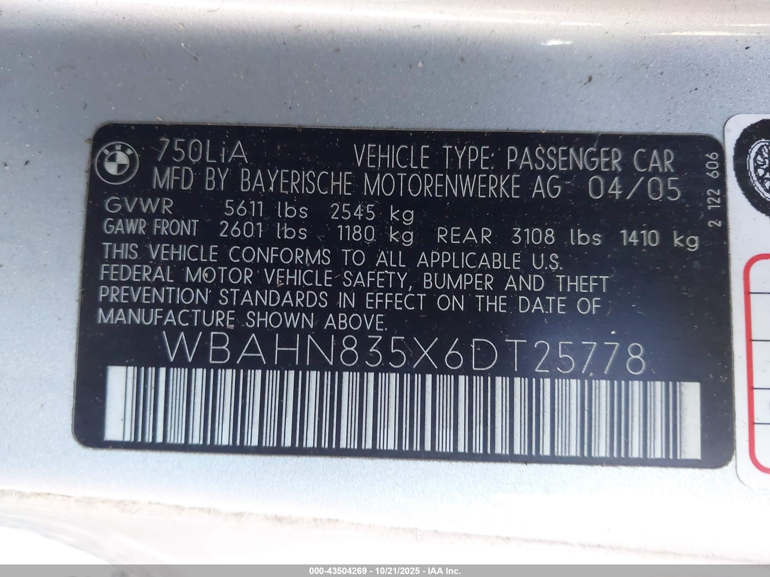 2006 Bmw 750li   Серебряный vin: WBAHN835X6DT25778