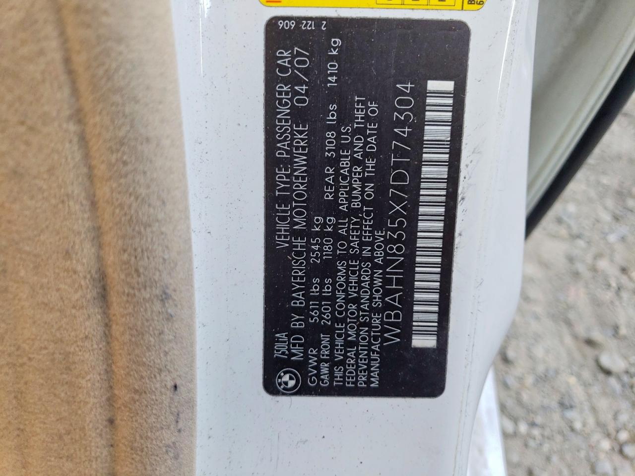 2007 Bmw Motorrad 750 White vin: WBAHN835X7DT74304