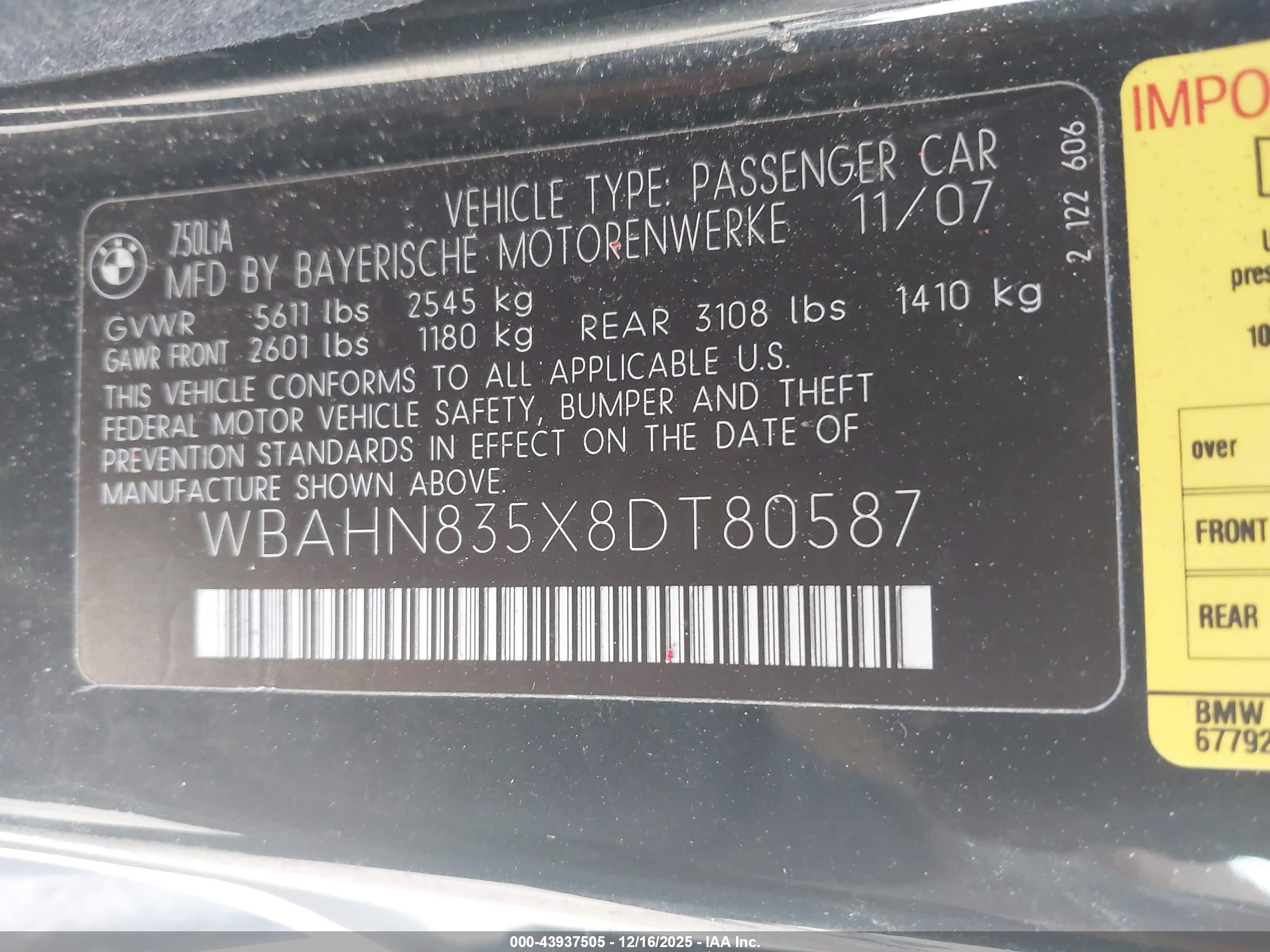 2008 Bmw 750li   Black vin: WBAHN835X8DT80587