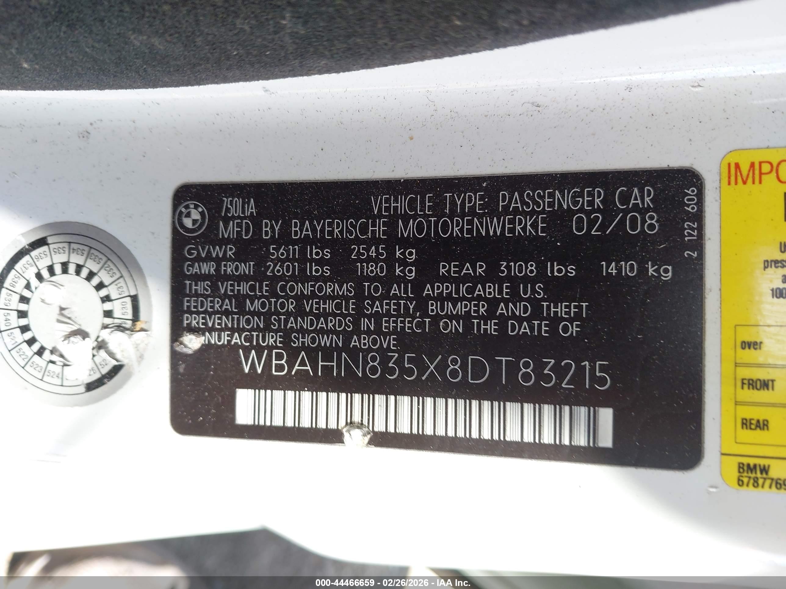 2008 Bmw 750li   White vin: WBAHN835X8DT83215