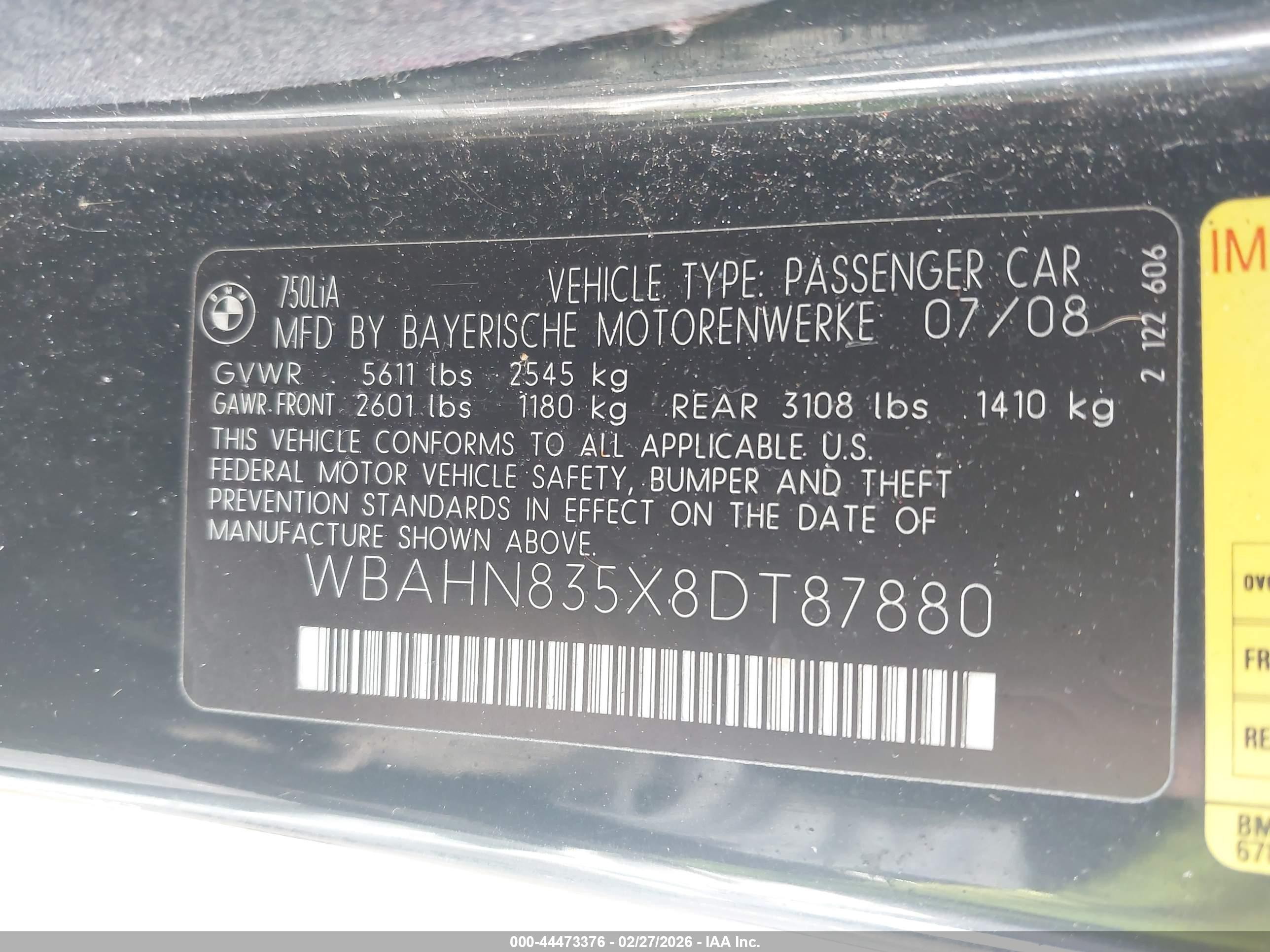2008 Bmw 750li   Black vin: WBAHN835X8DT87880