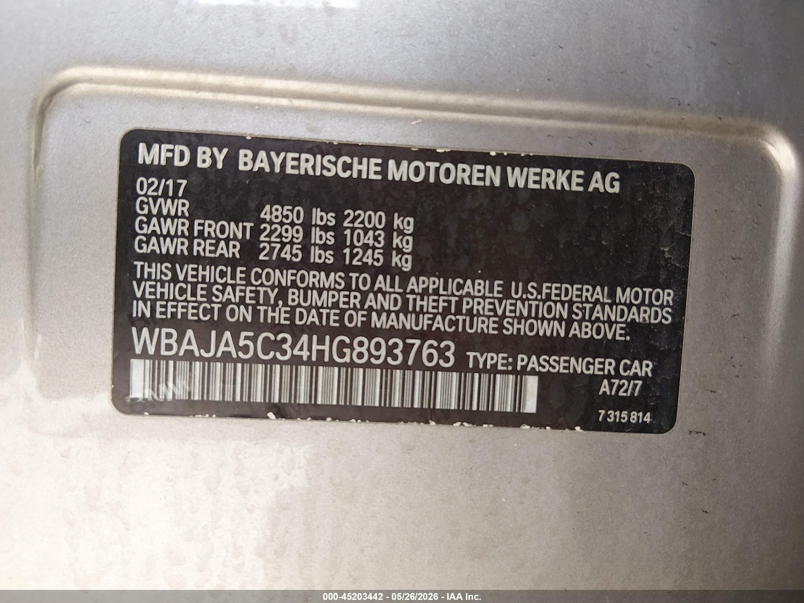 2017 Bmw 530i   Gray vin: WBAJA5C34HG893763