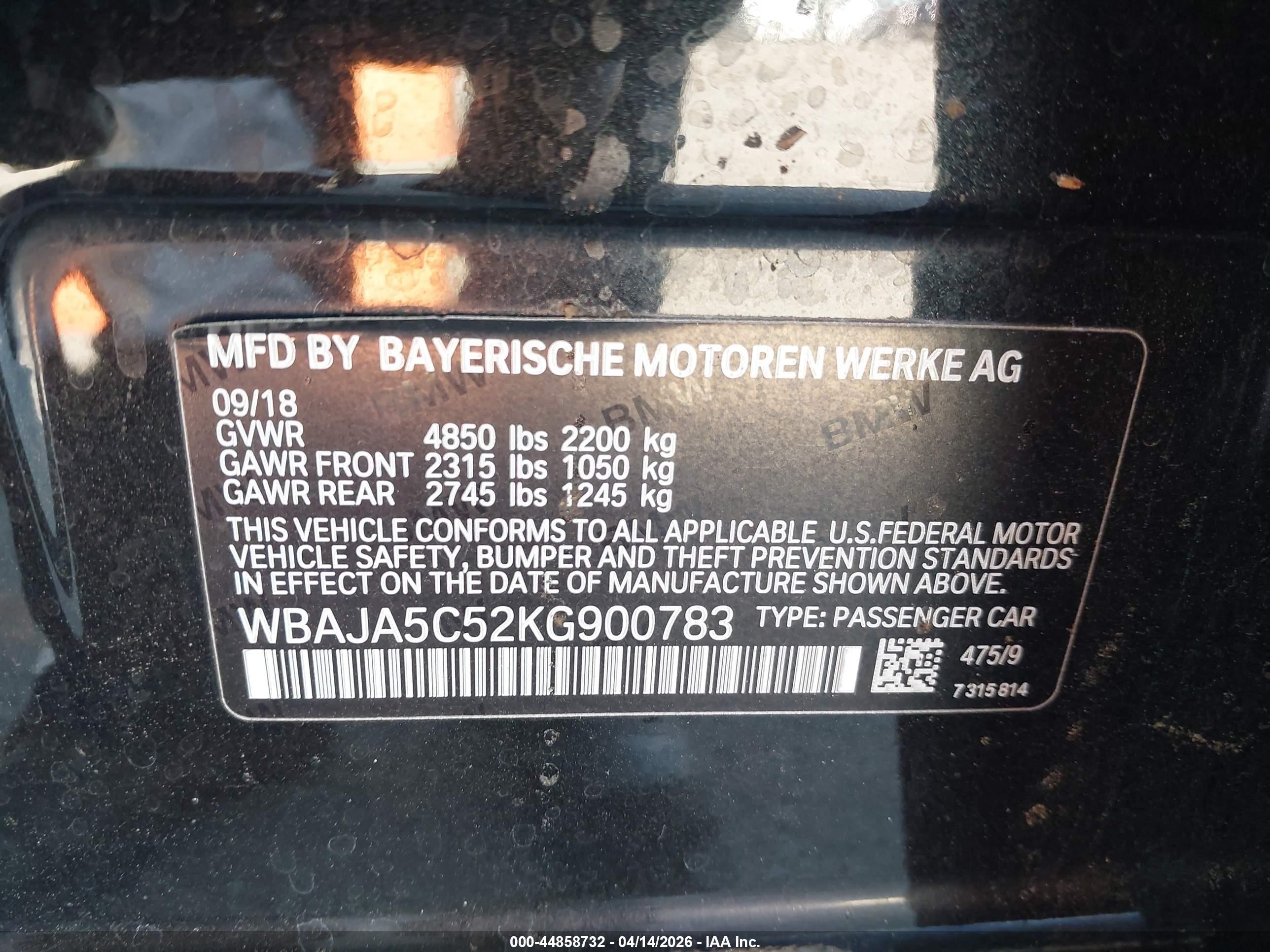 2019 Bmw 530i Black vin: WBAJA5C52KG900783