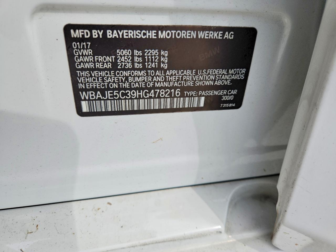 2017 Bmw 540 I White vin: WBAJE5C39HG478216