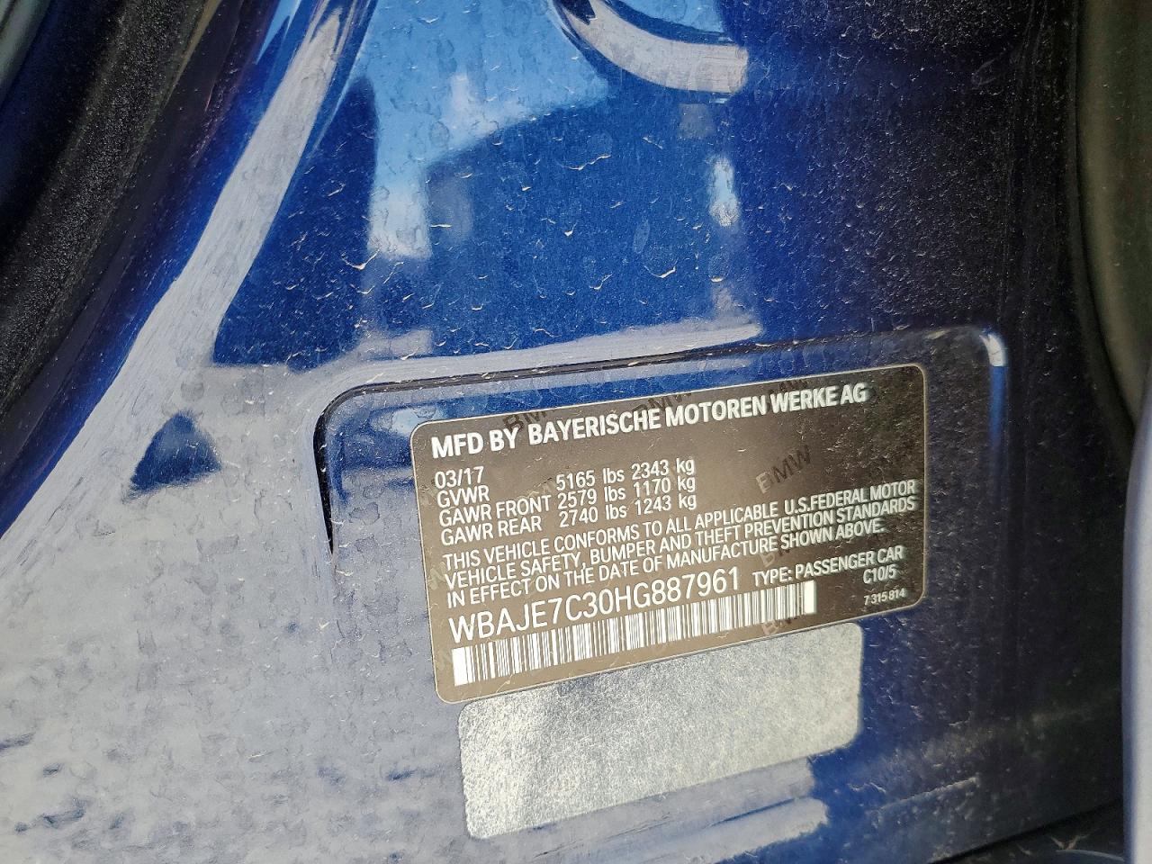2017 Bmw 540 Xi Blue vin: WBAJE7C30HG887961