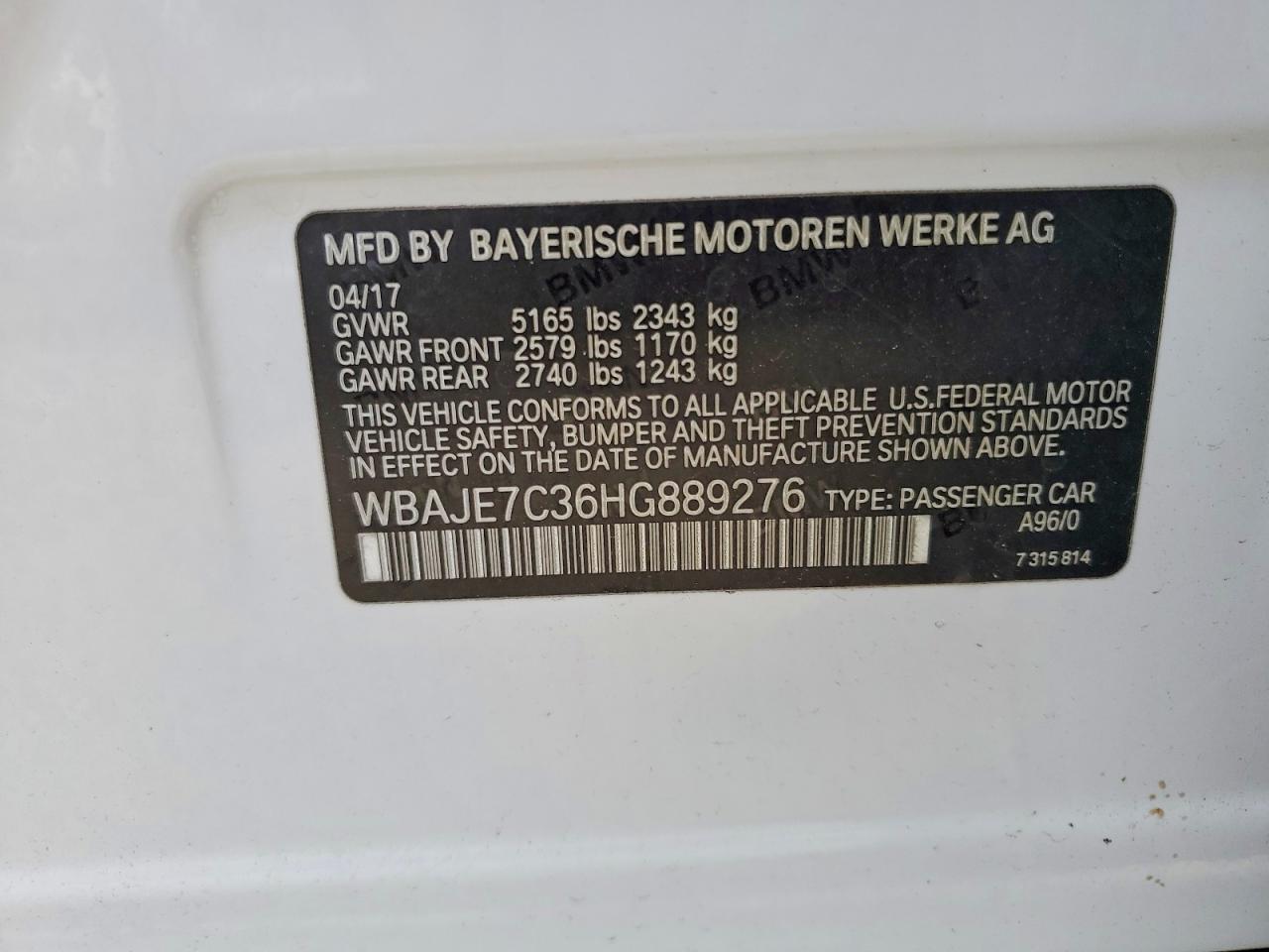 2017 Bmw 540 Xi White vin: WBAJE7C36HG889276