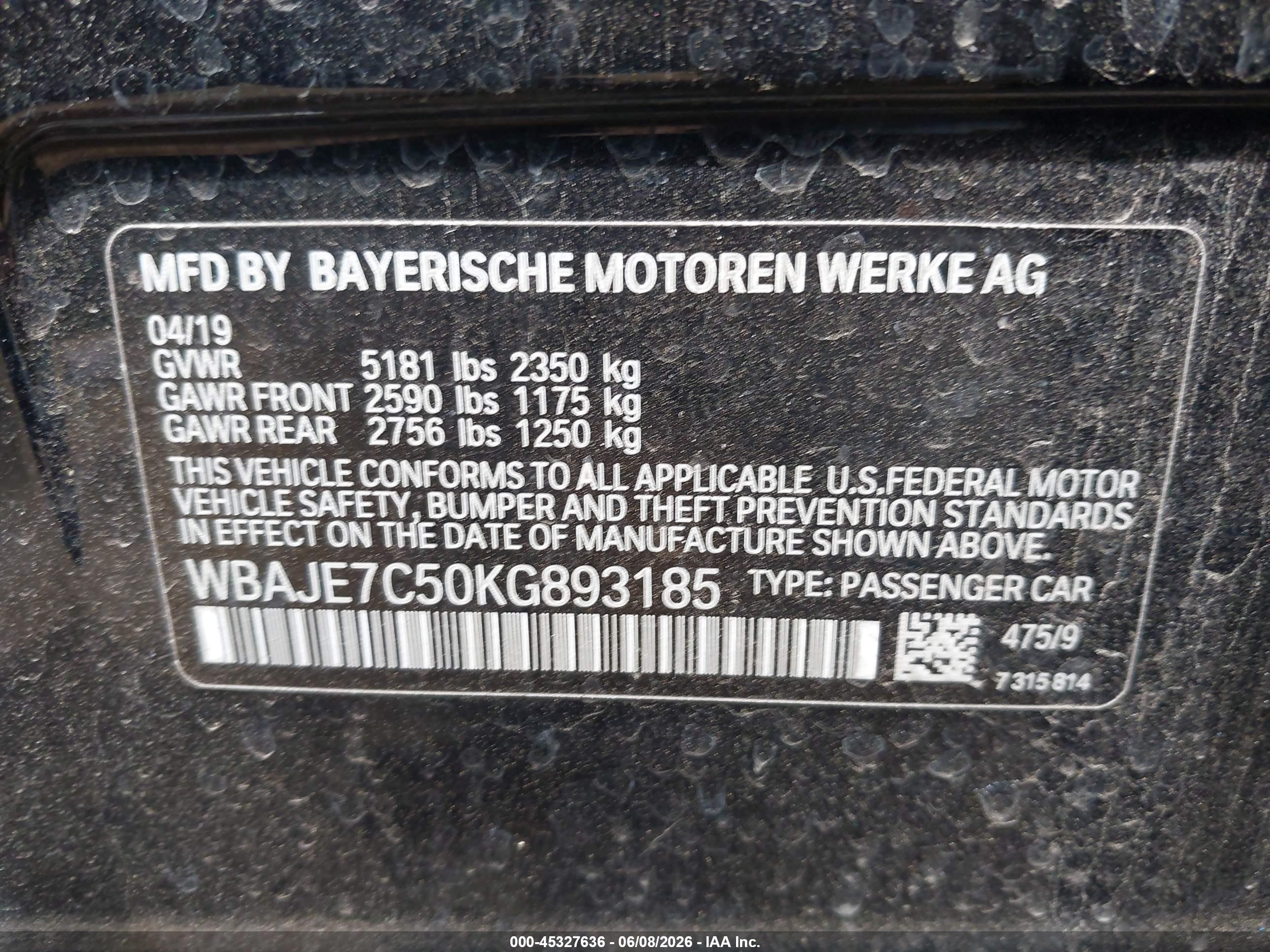 2019 Bmw 540i Xdrive Черный vin: WBAJE7C50KG893185