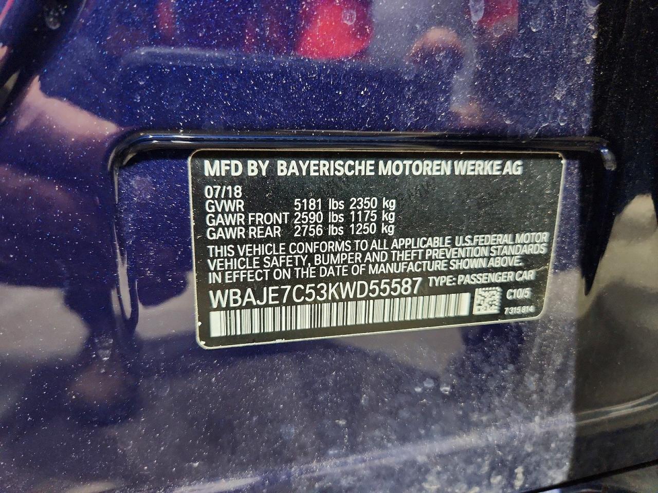 2019 Bmw 540 Xi Blue vin: WBAJE7C53KWD55587
