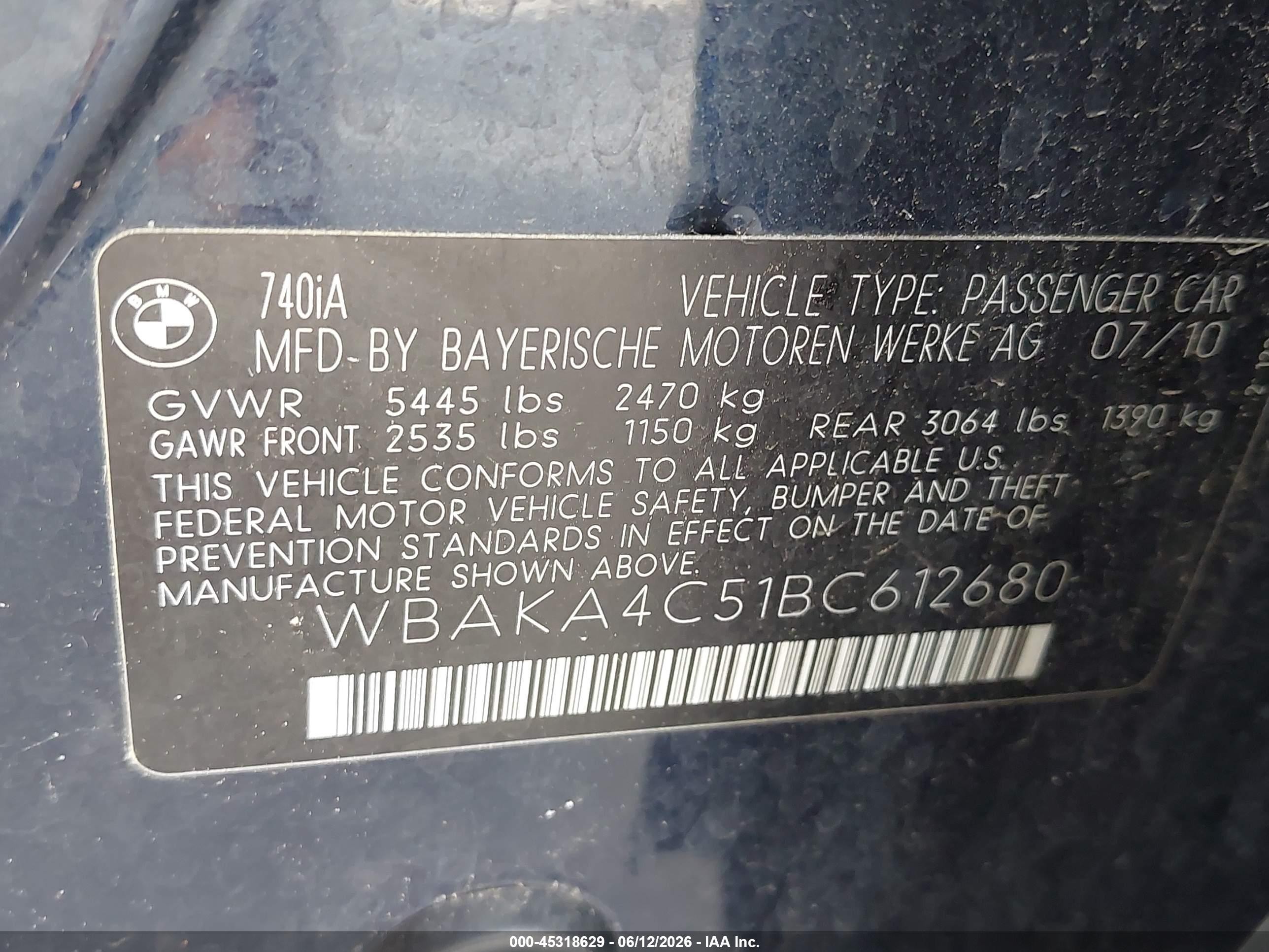 2011 Bmw 740i Blue vin: WBAKA4C51BC612680