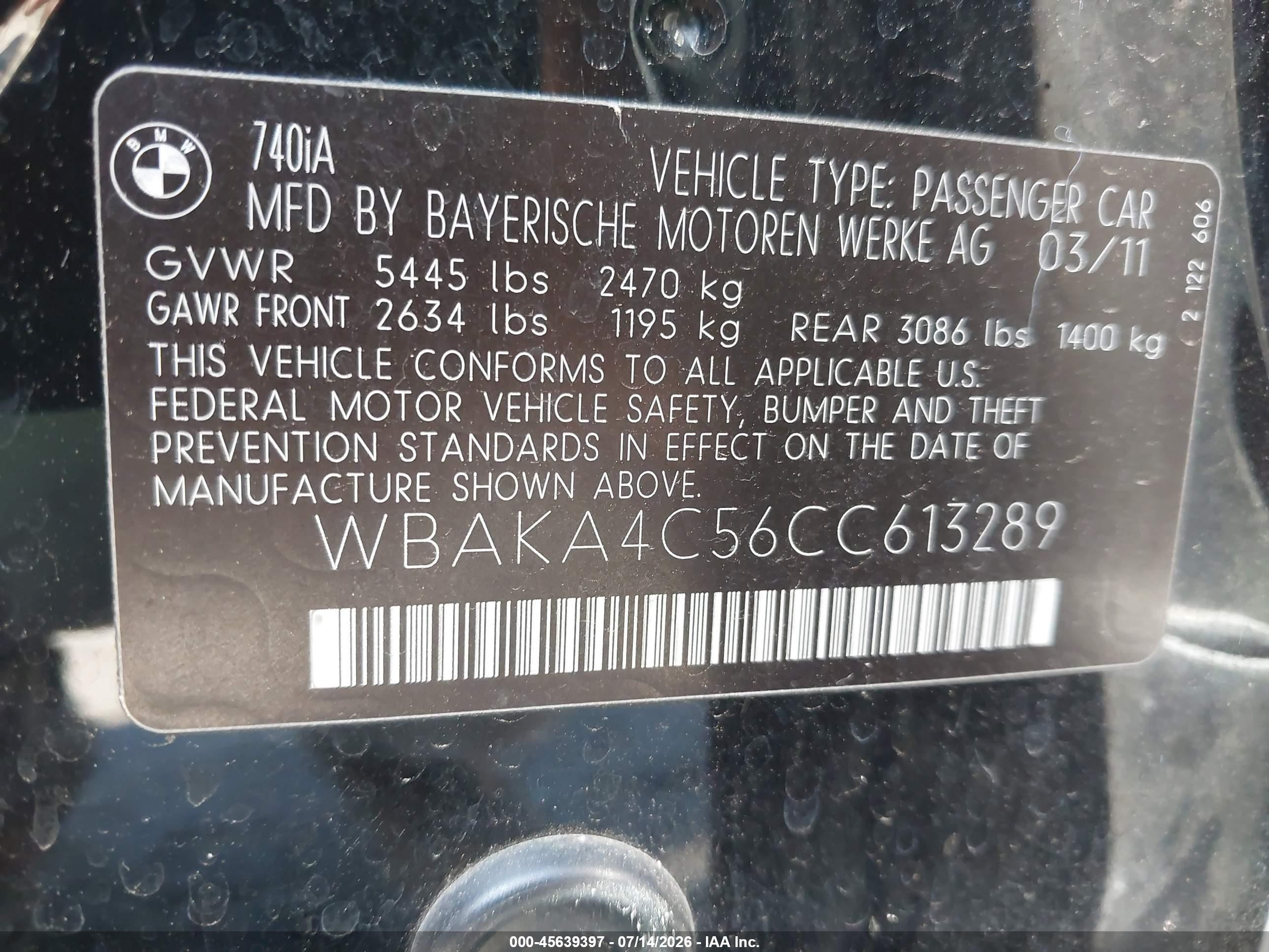 2012 Bmw 740i   Black vin: WBAKA4C56CC613289