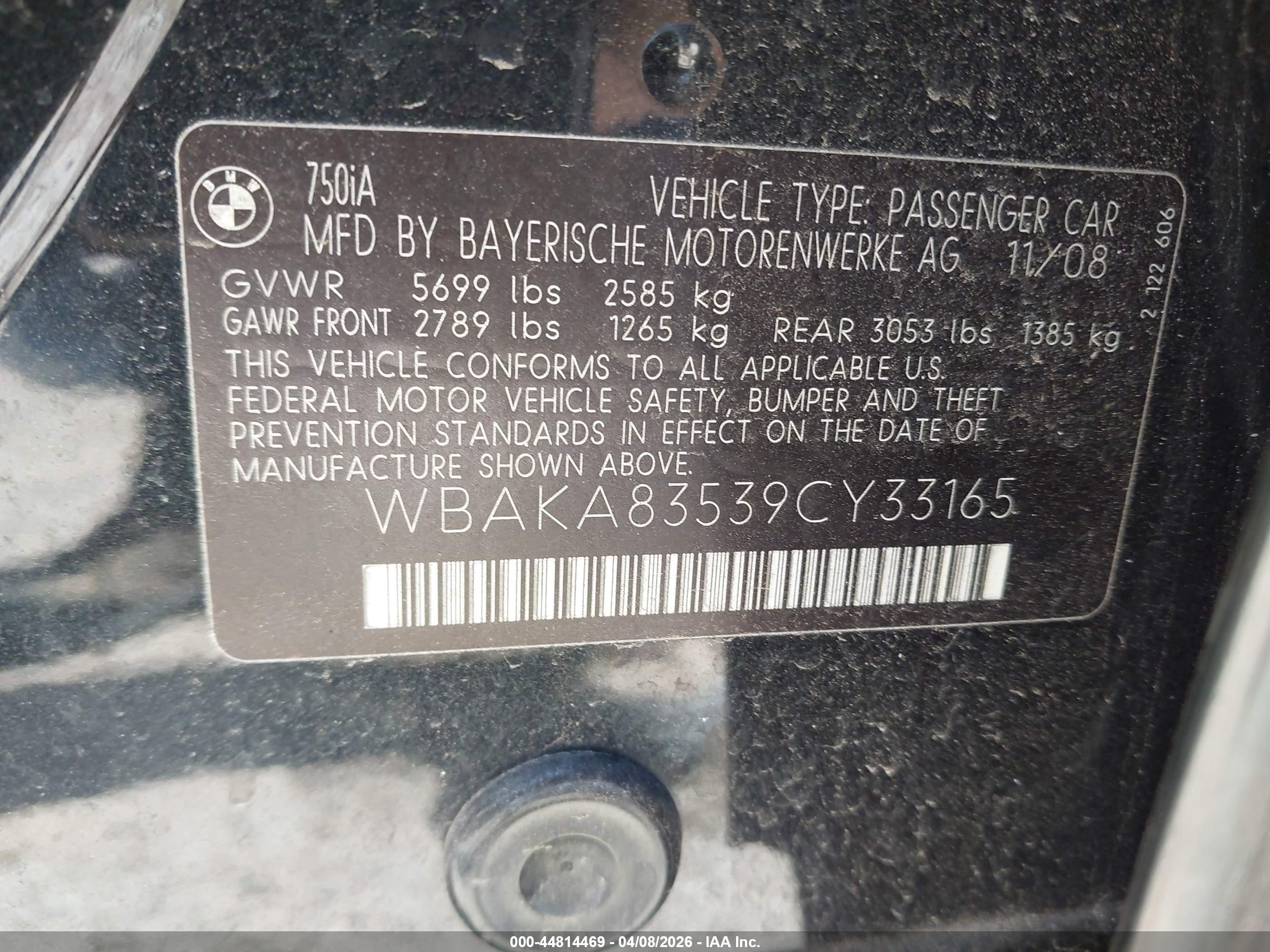 2009 Bmw 750i   Черный vin: WBAKA83539CY33165