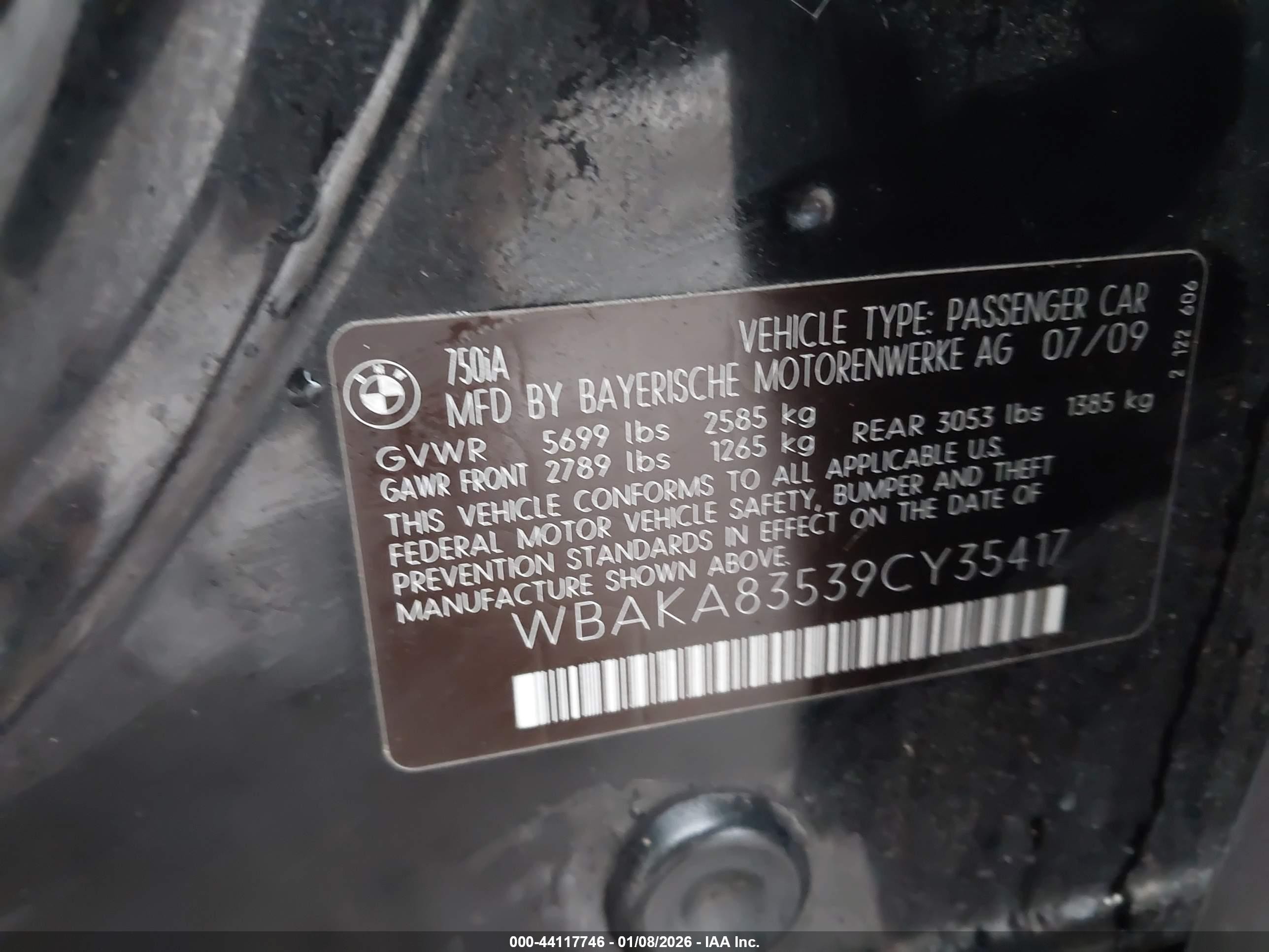 2009 Bmw 750i   Black vin: WBAKA83539CY35417