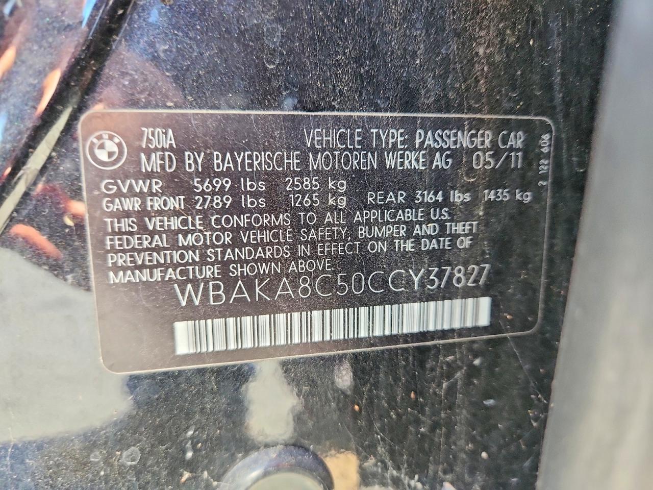2012 Bmw 750 I Black vin: WBAKA8C50CCY37827