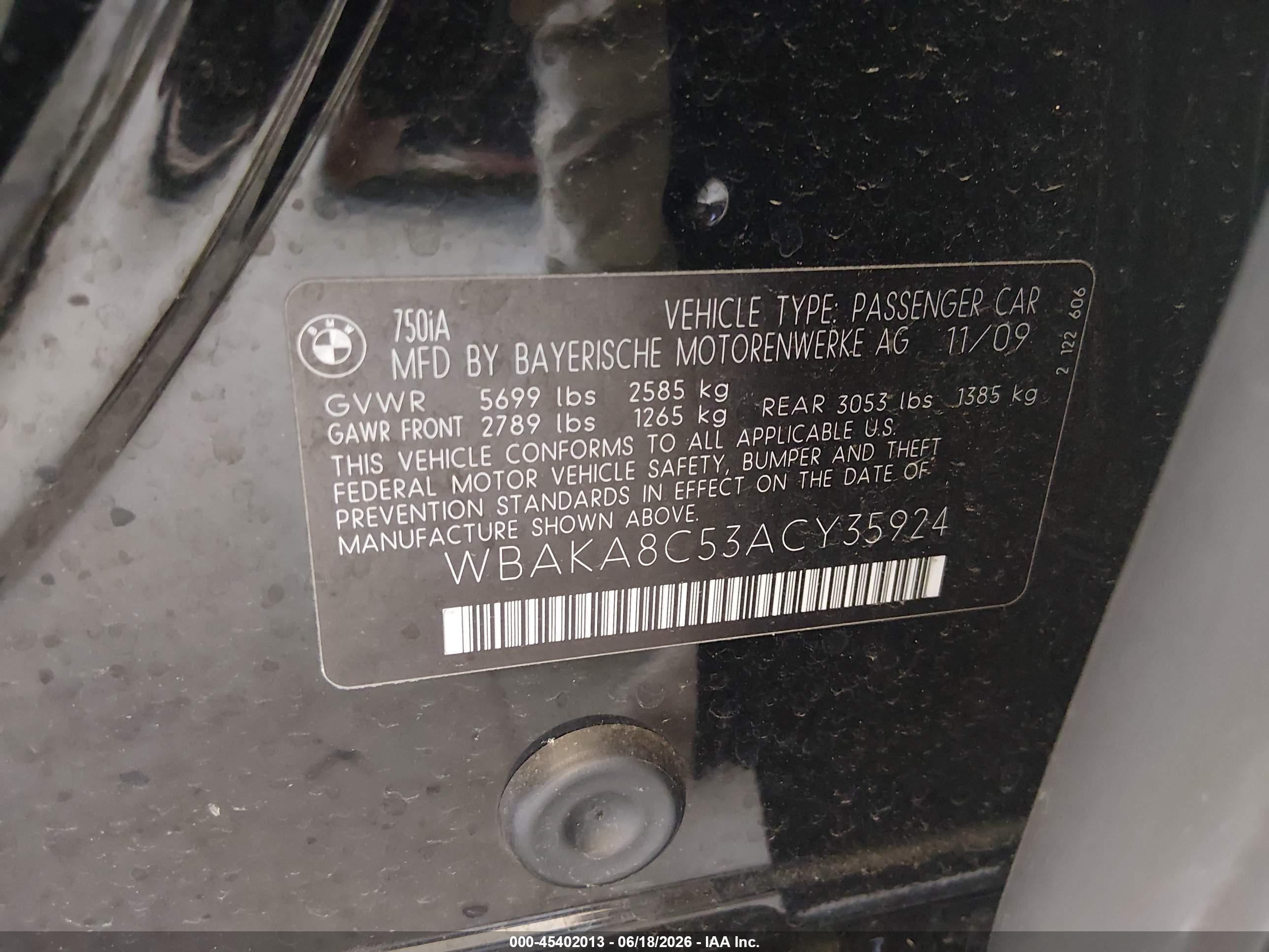 2010 Bmw 750i   Black vin: WBAKA8C53ACY35924