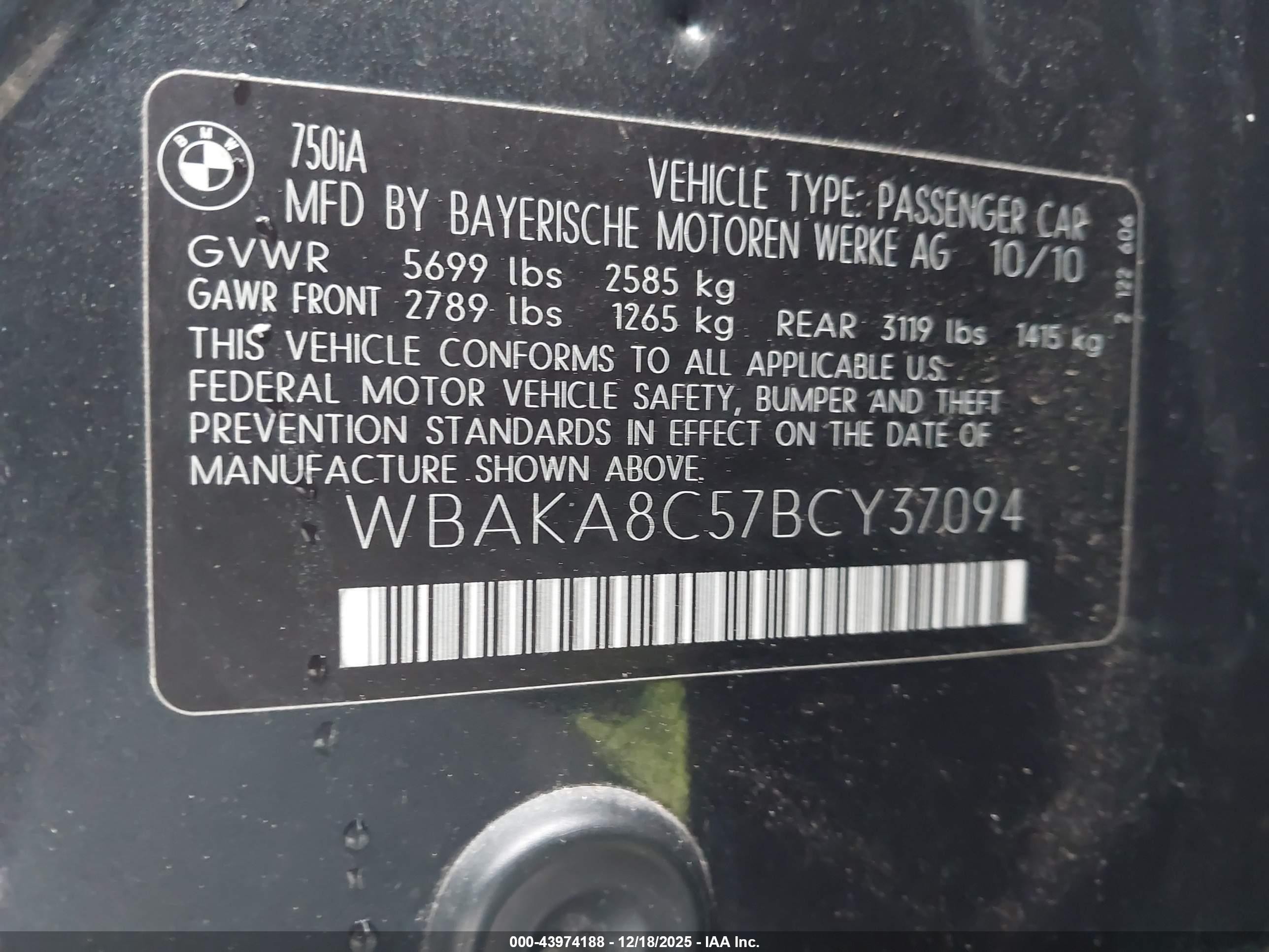 2011 Bmw 750i   Gray vin: WBAKA8C57BCY37094
