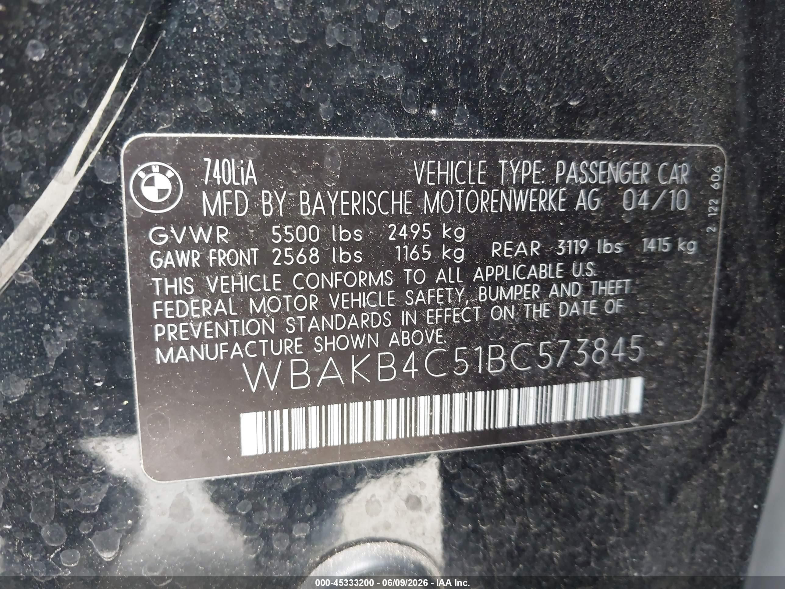 2011 Bmw 740li   Black vin: WBAKB4C51BC573845