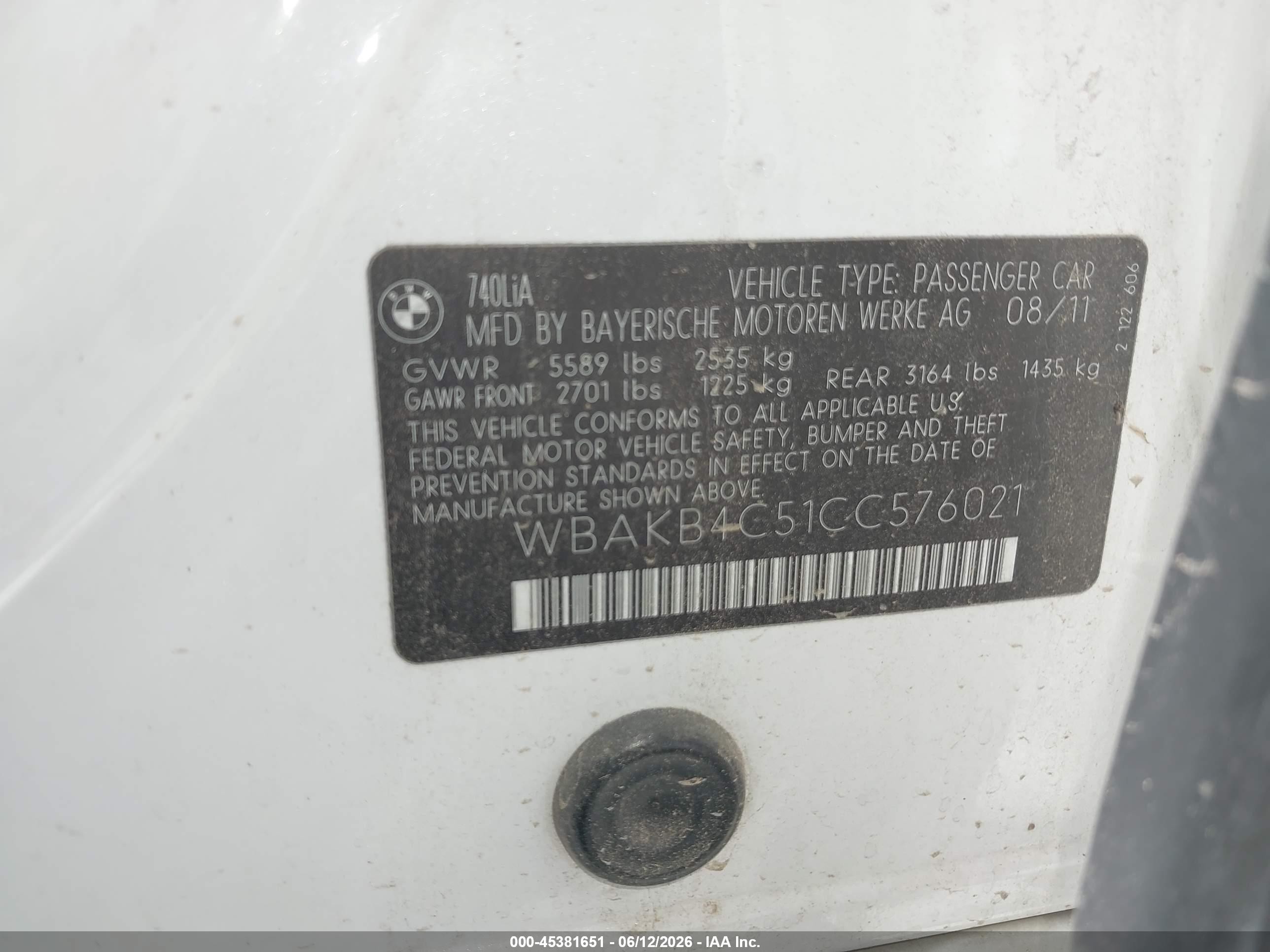 2012 Bmw 740li White vin: WBAKB4C51CC576021
