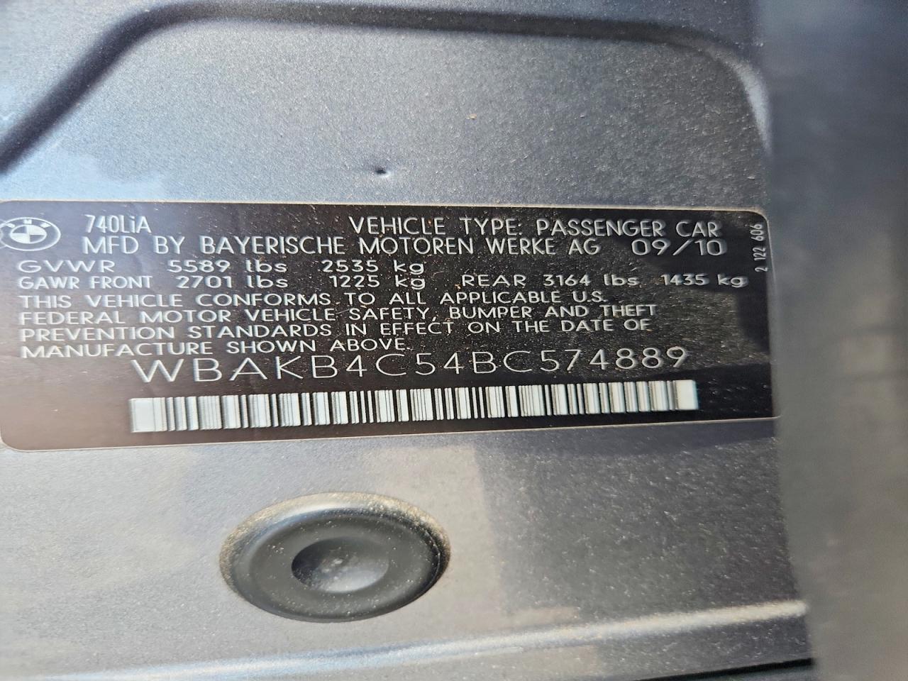 2011 Bmw 740 Li Серый vin: WBAKB4C54BC574889