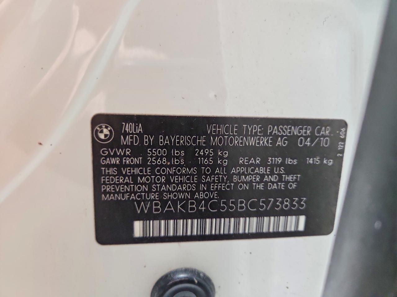 2011 Bmw 740 Li White vin: WBAKB4C55BC573833