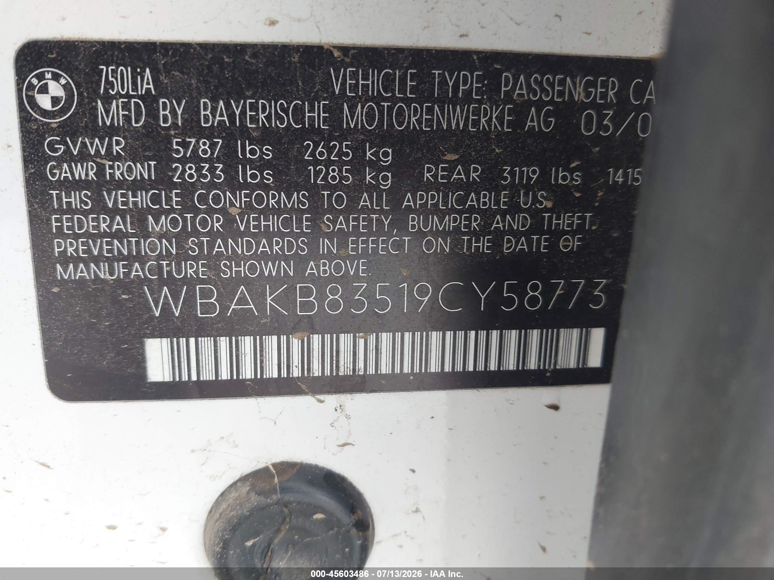 2009 Bmw 750li   White vin: WBAKB83519CY58773
