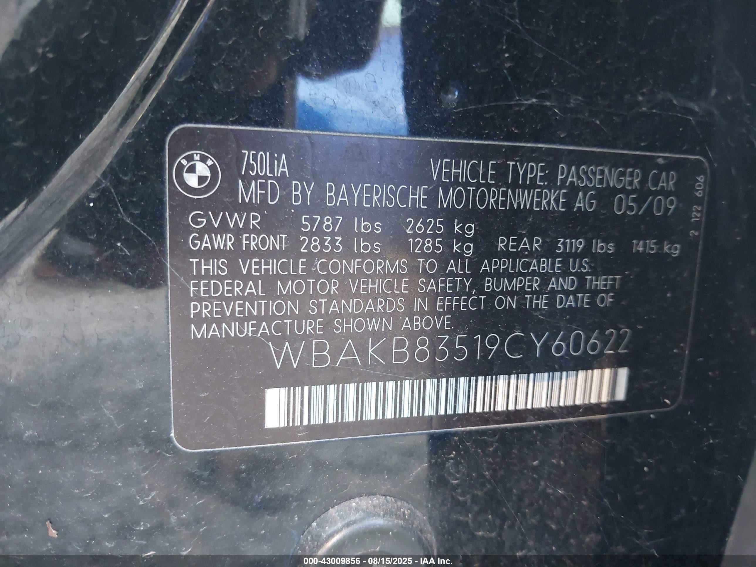2009 Bmw 750li   Черный vin: WBAKB83519CY60622