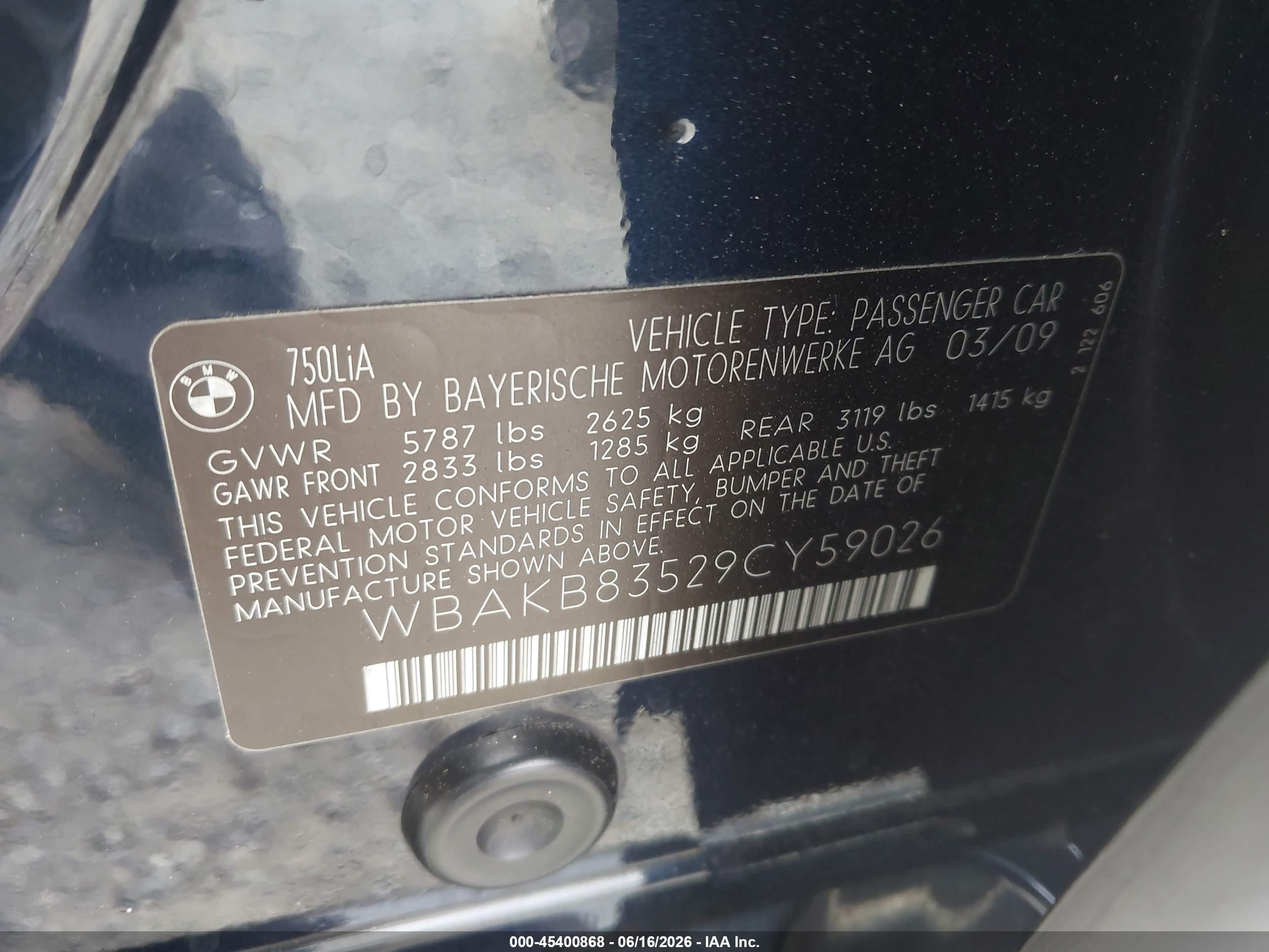 2009 Bmw 750li   Dark Blue vin: WBAKB83529CY59026