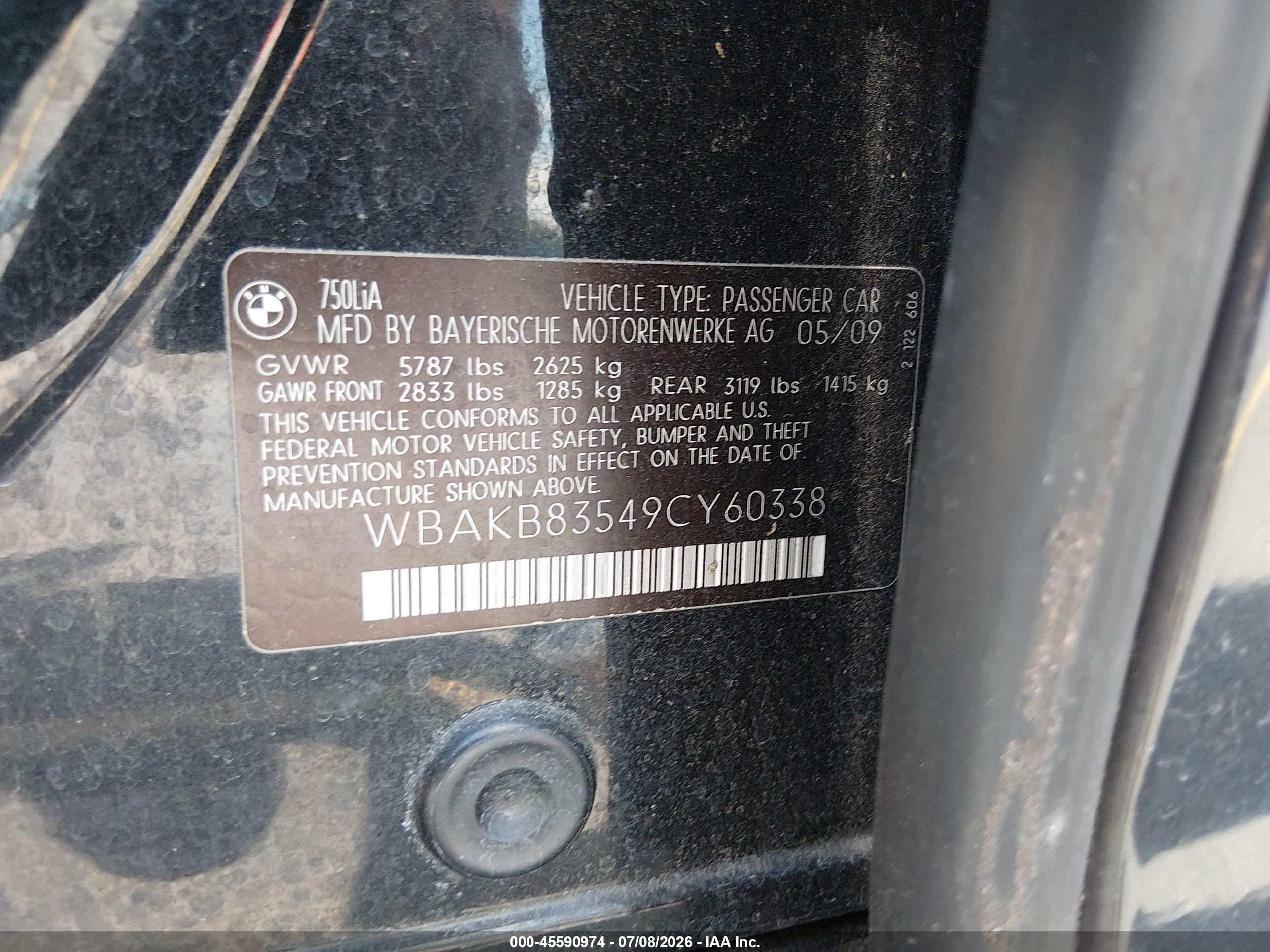 2009 Bmw 750li   Black vin: WBAKB83549CY60338