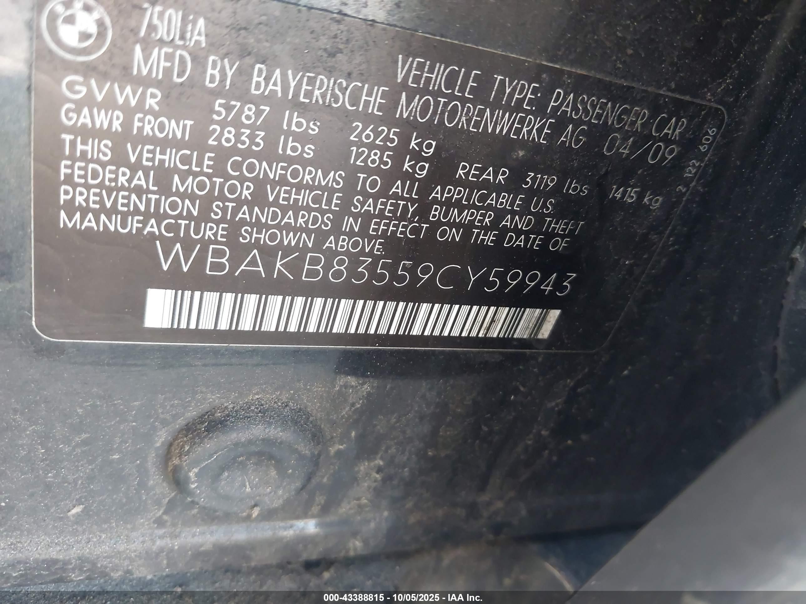 2009 Bmw 750li   Gray vin: WBAKB83559CY59943