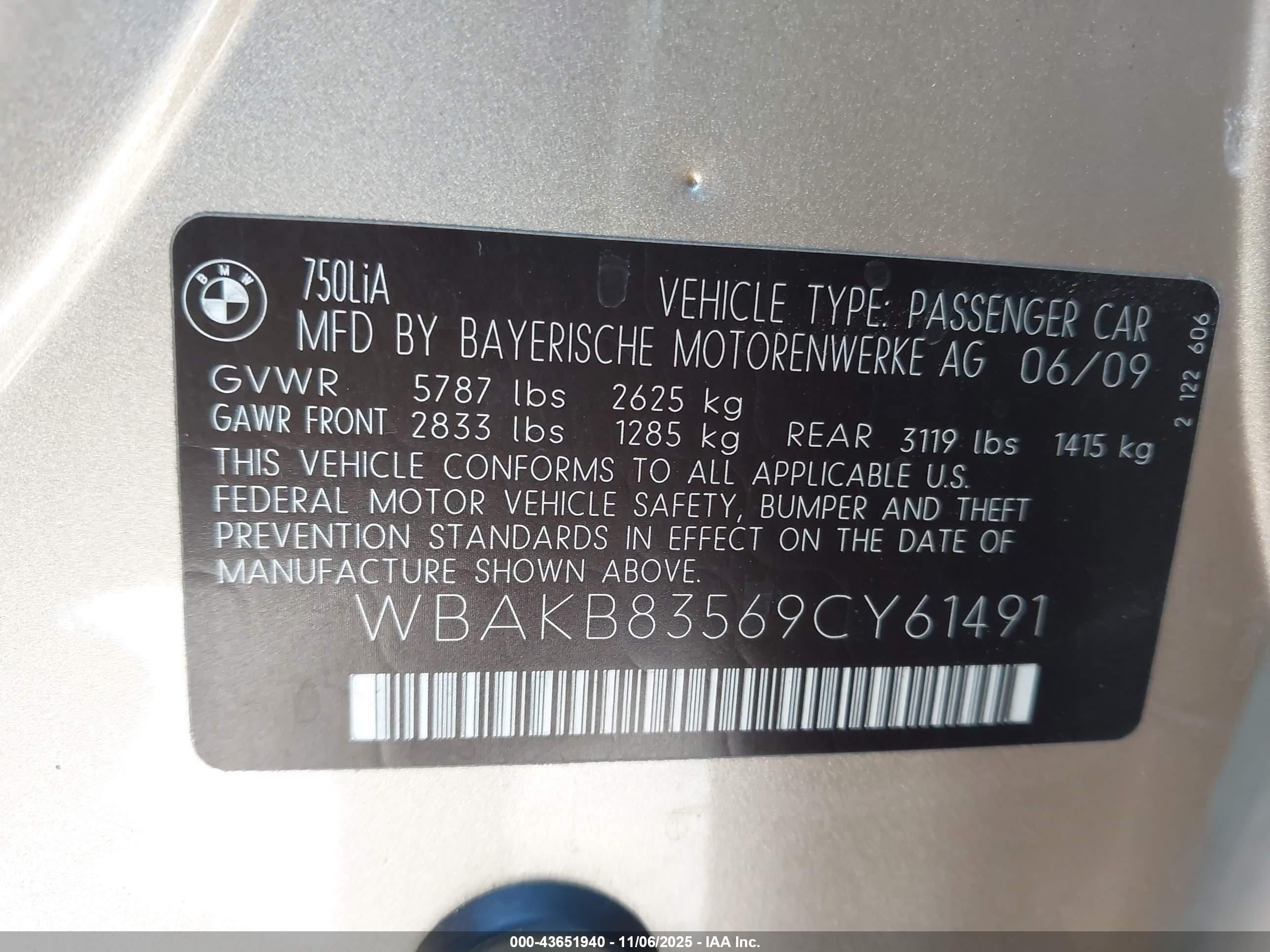 2009 Bmw 750li   Gold vin: WBAKB83569CY61491