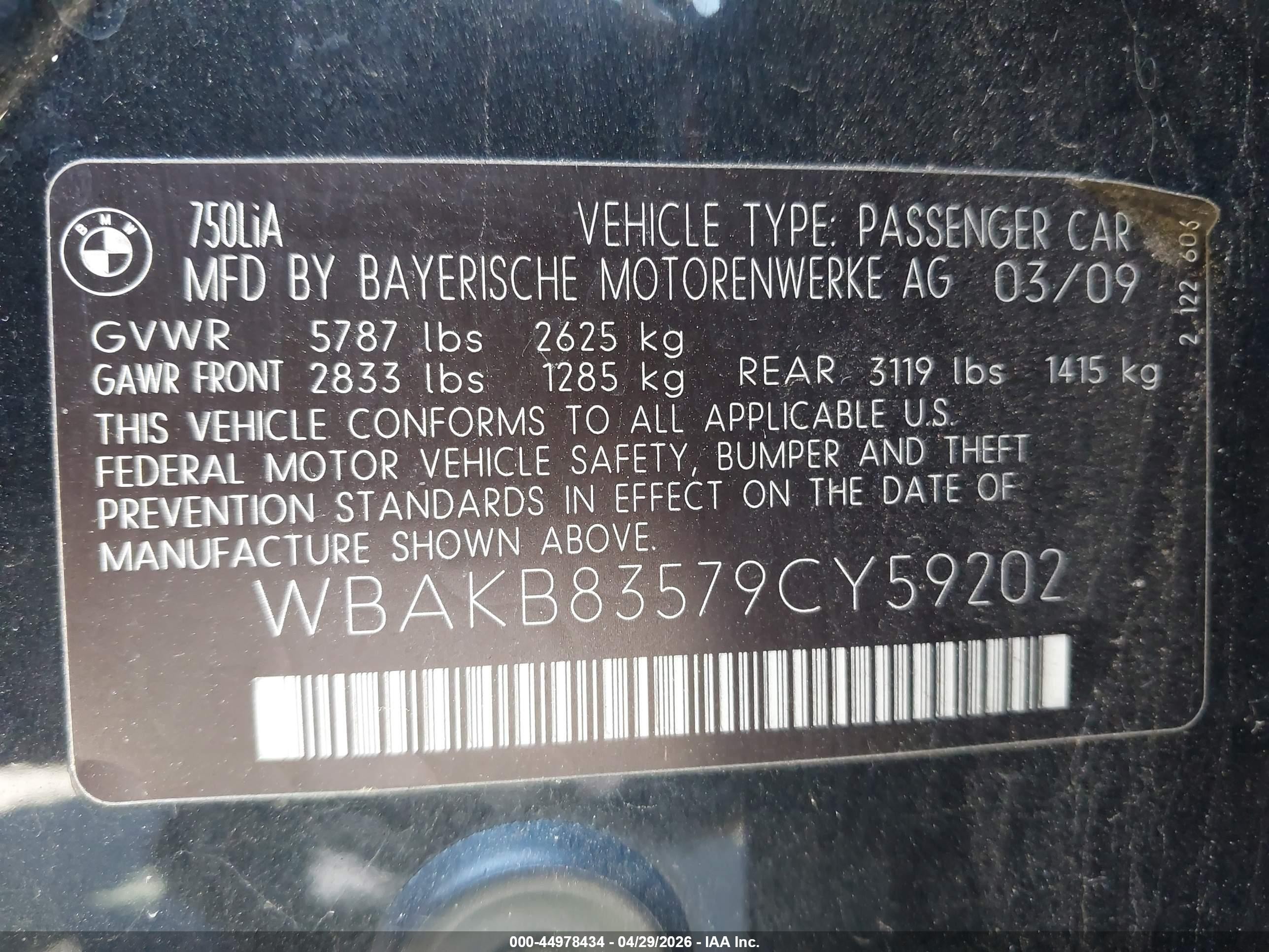 2009 Bmw 750li   Black vin: WBAKB83579CY59202