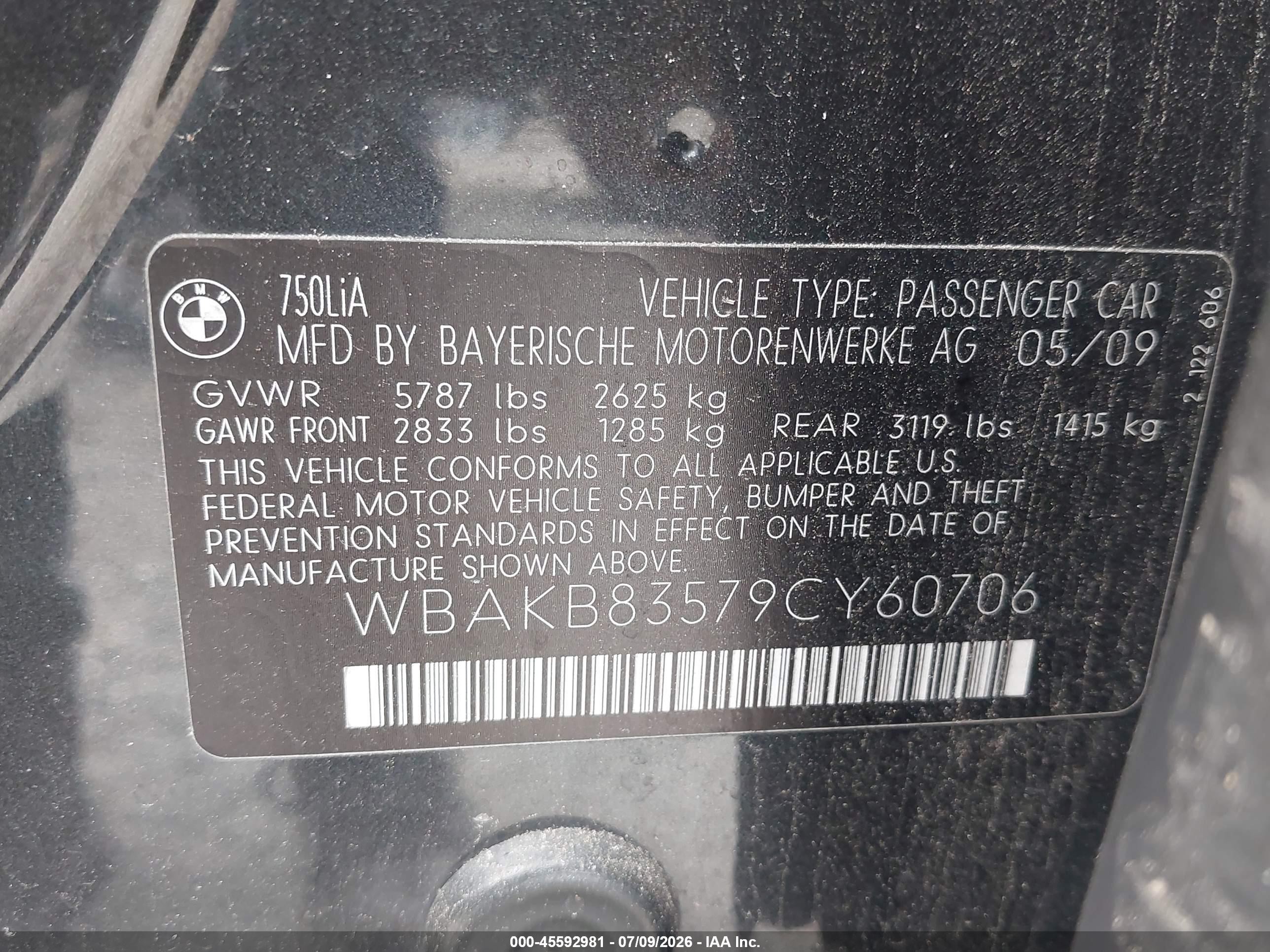 2009 Bmw 750li   Gray vin: WBAKB83579CY60706