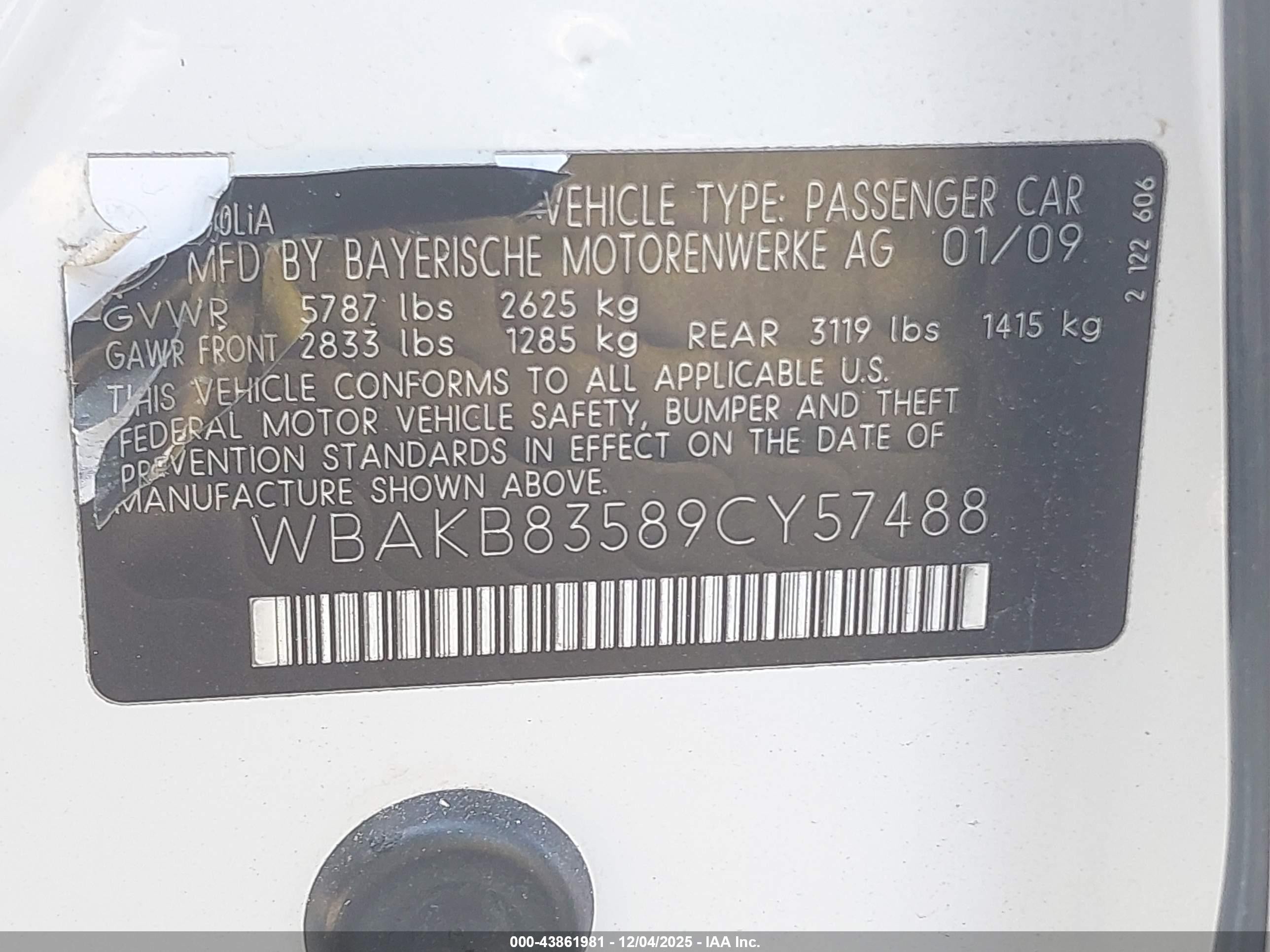 2009 Bmw 750li   White vin: WBAKB83589CY57488