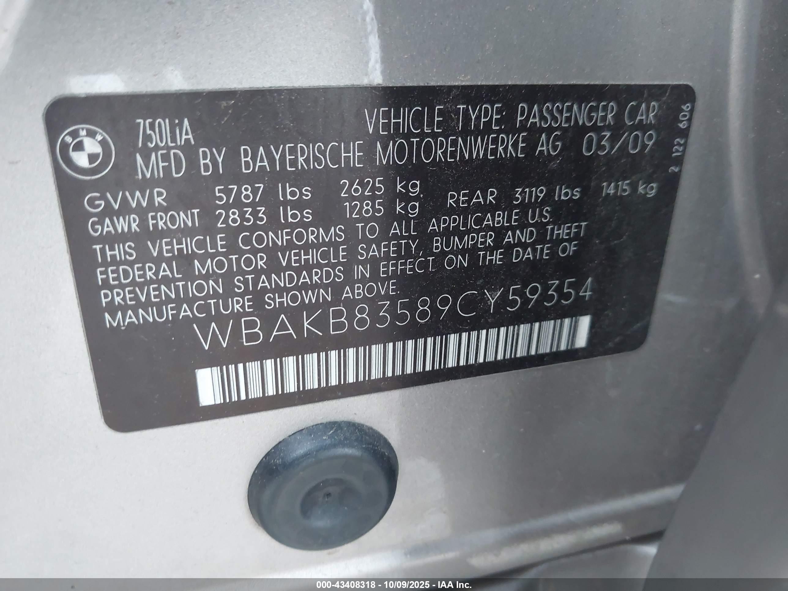 2009 Bmw 750li   Gray vin: WBAKB83589CY59354