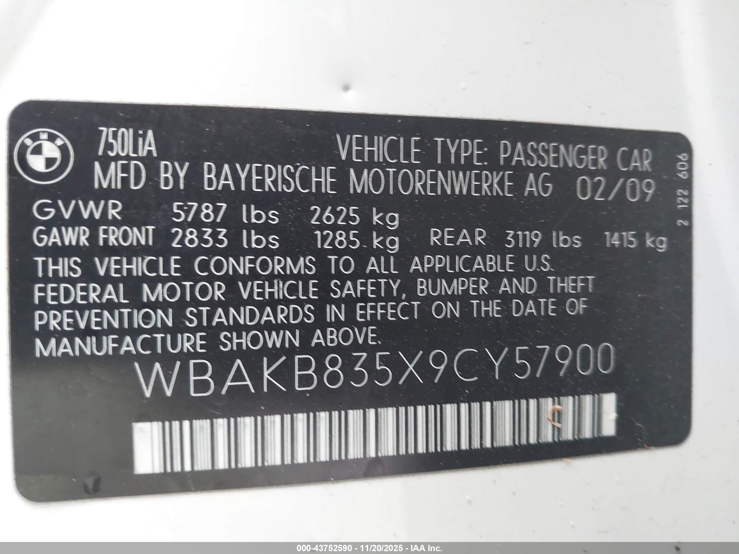 2009 Bmw 750li   White vin: WBAKB835X9CY57900