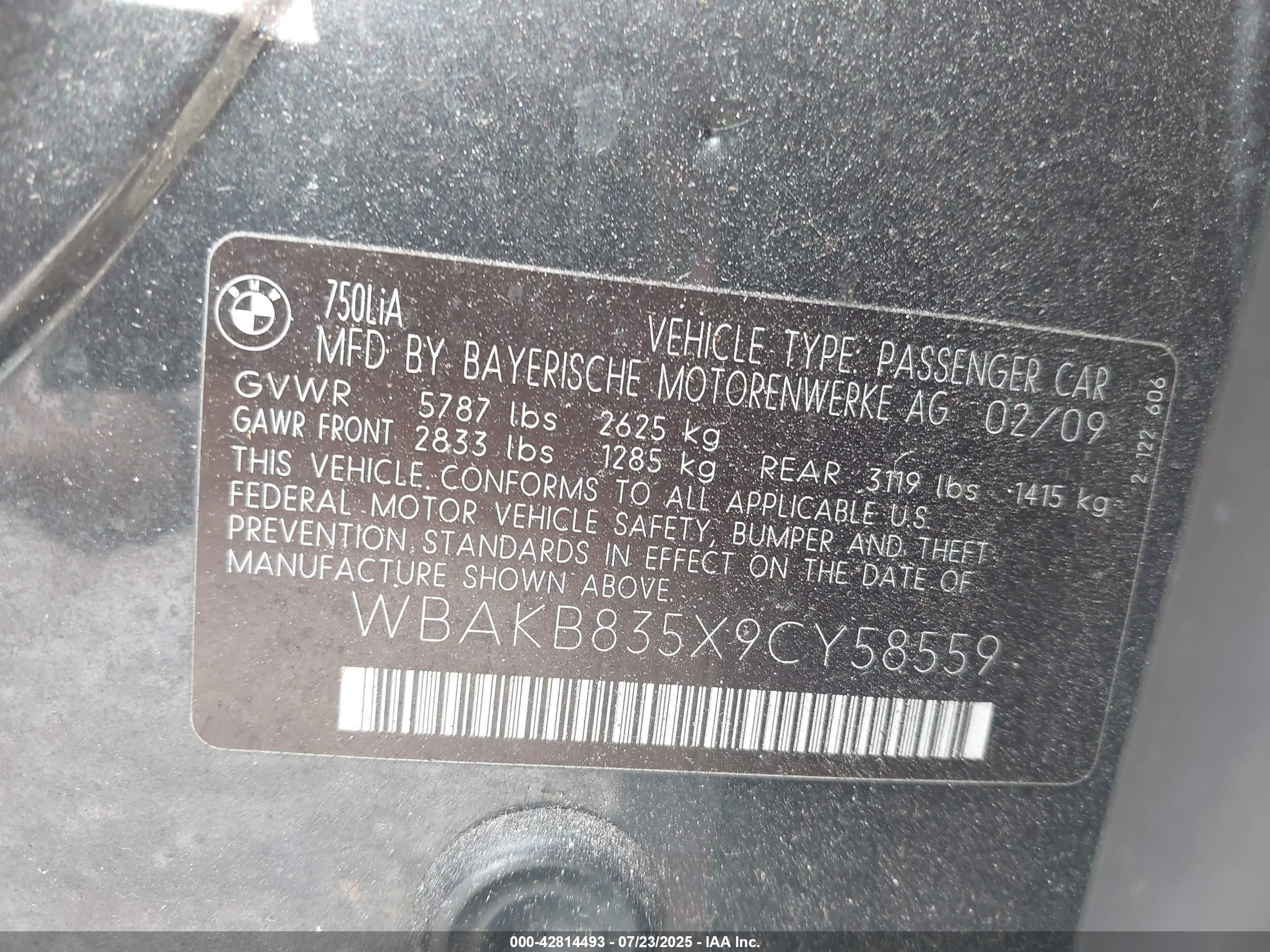 2009 Bmw 750li   Gray vin: WBAKB835X9CY58559
