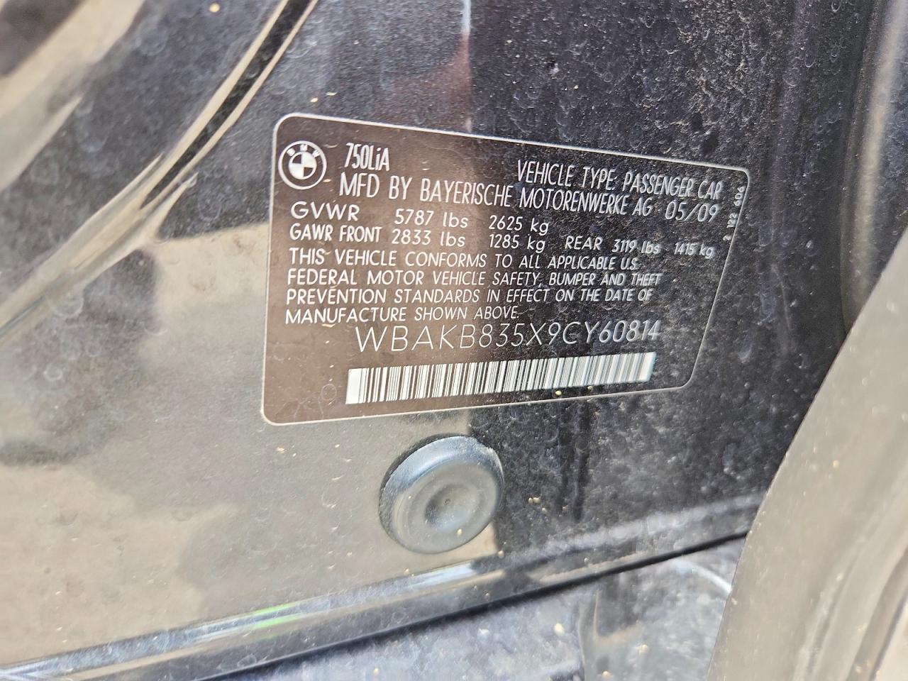 2009 Bmw 750 Li Charcoal vin: WBAKB835X9CY60814